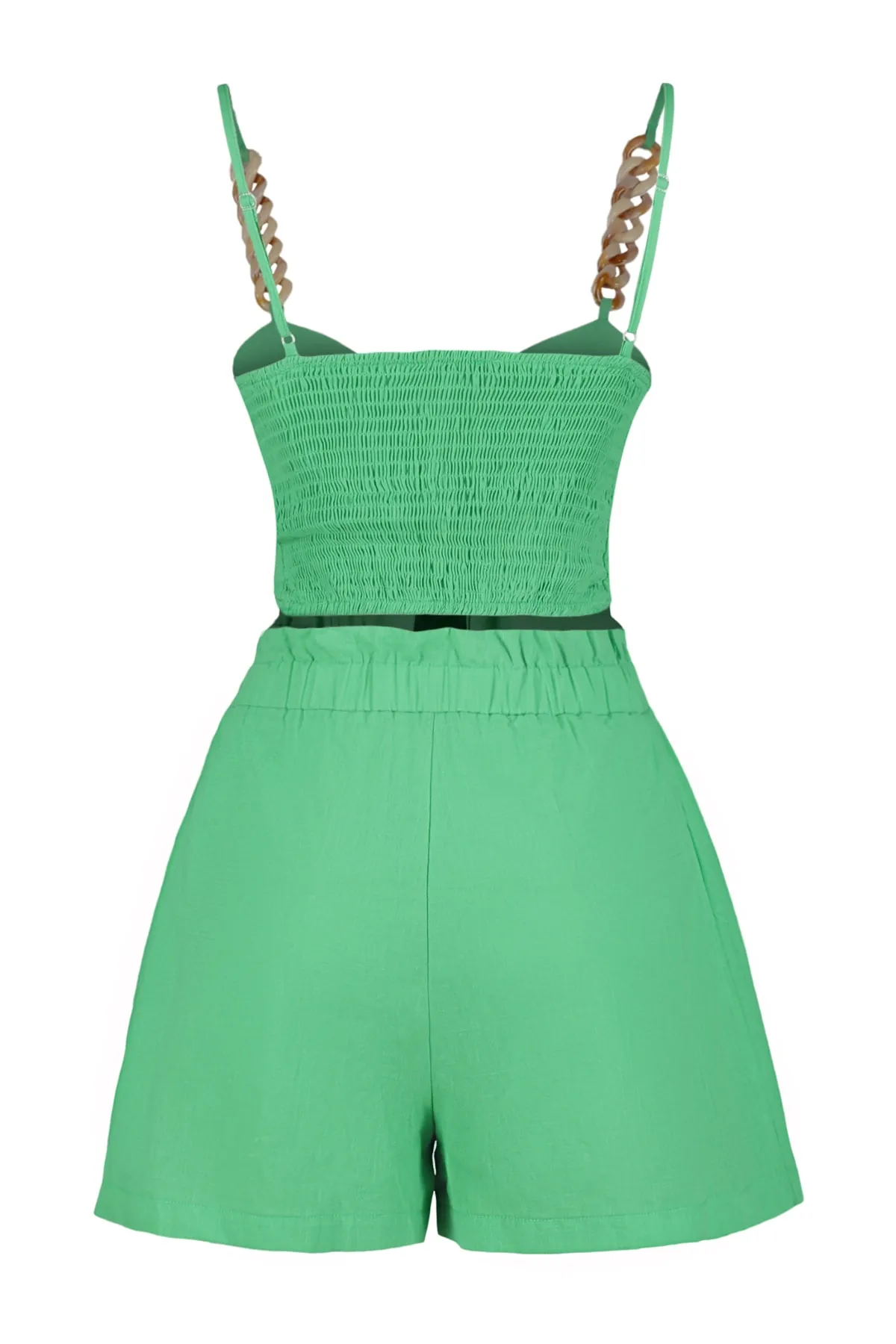 Trendyol Collection  Blusen-Shorts-Set aus 100 % Baumwolle mit gewebten Accessoires in tropischem Grün TBESS23AU00073
