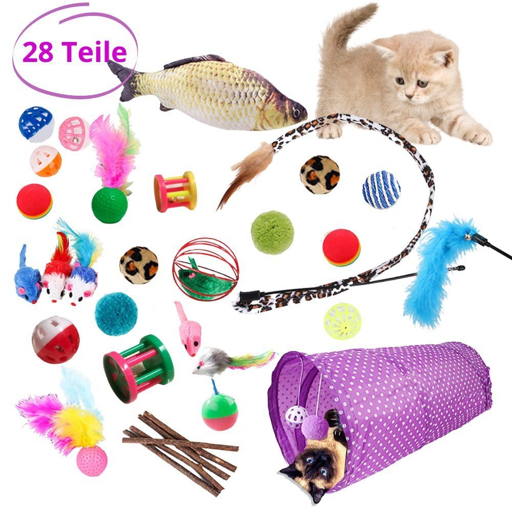 Angel's Pride Katzenangel Katzenspielzeug Set 28 Teile mit Katzentunnel Bälle Federspielzeug (28 Stück)