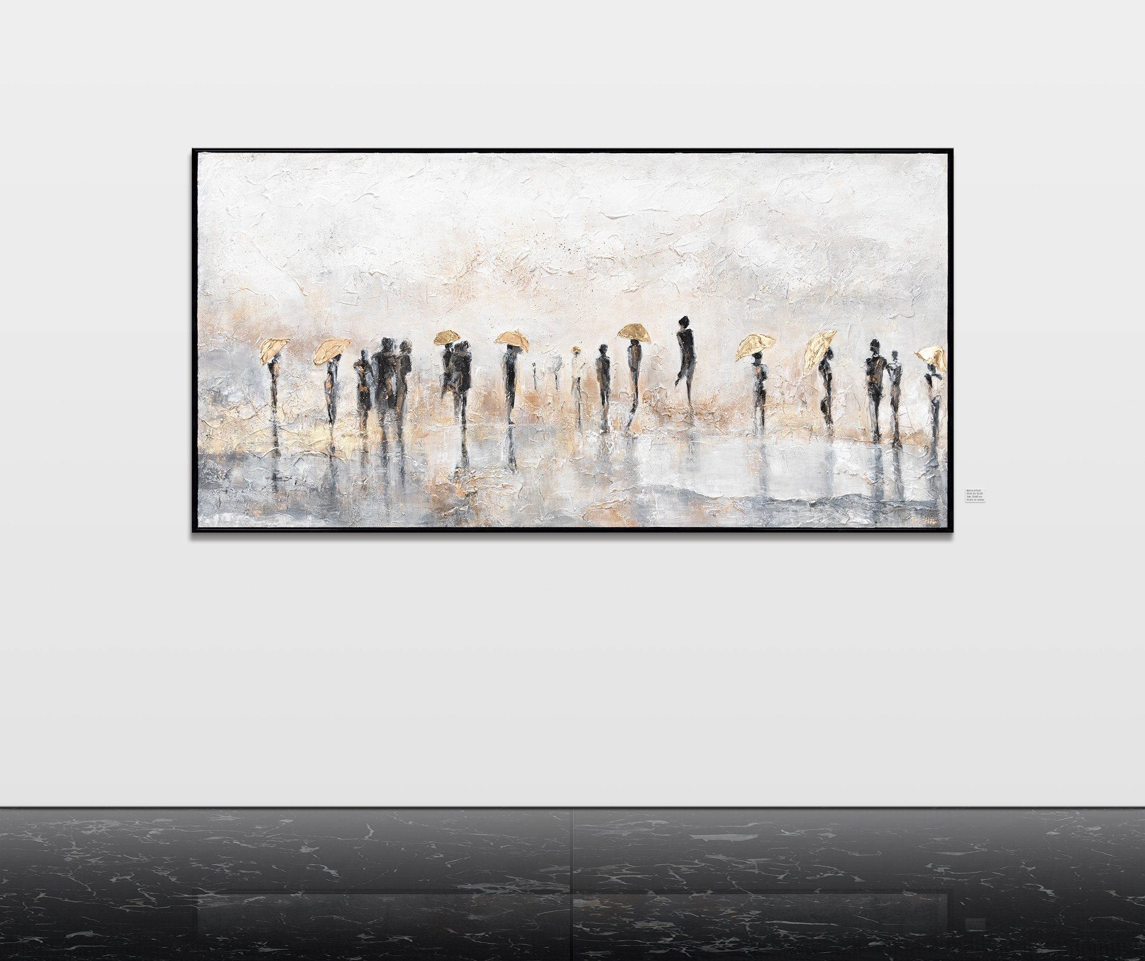 YS-Art Gemälde Sommerregen, Leinwand Bild Handgemalt Menschen Regenschirm Gold mit Rahmen