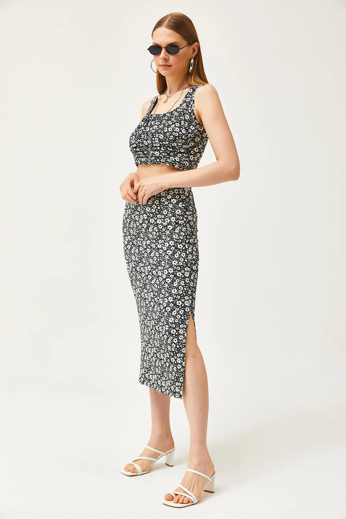 Olalook  Damen Daisy Schwarzes Oberteil Bluse Unterrock Strickunterteil Top Set TKM-19000281