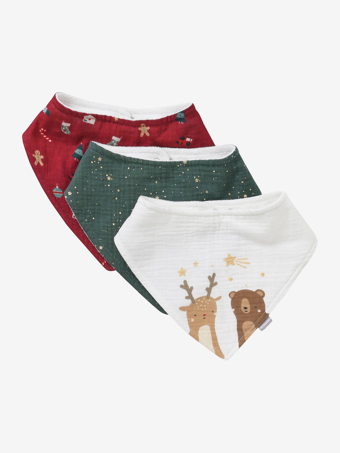Vertbaudet 3er-Pack Baby Halstücher, Baumwoll-Musselin Oeko-Tex - pack grüner wald weihnachten