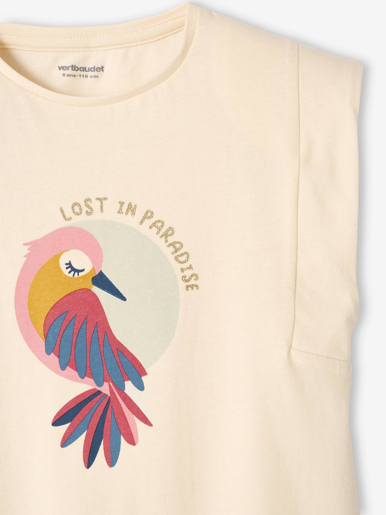 T-shirt motif oiseau de paradis fille manches à épaulettes écru