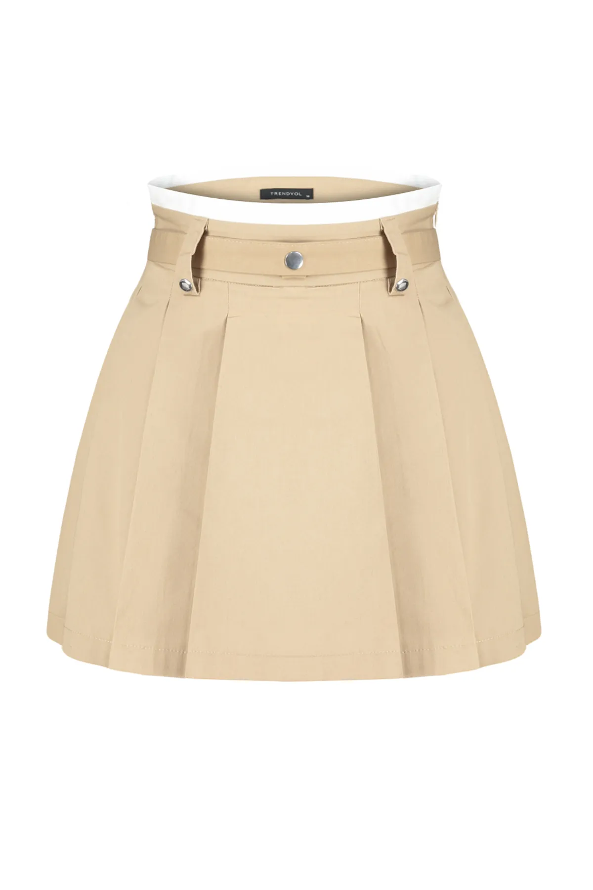 Trendyol Collection  Beiger plissierter Mini-Webrock mit Doppelgürteldetail TWOAW24ET00079
