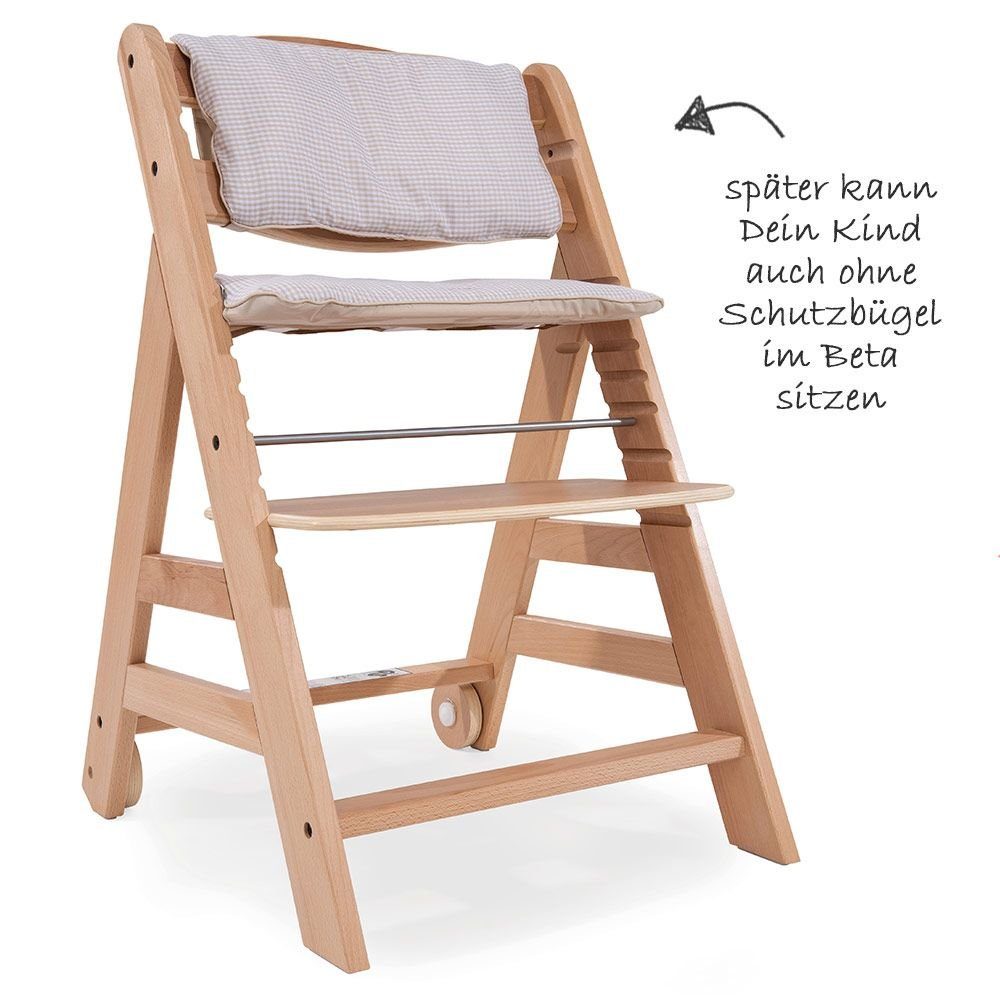 Hauck Hochstuhl Beta Plus - Natur Check (3 St), Mitwachsender Holz Kinderhochstuhl mit Essbrett, Sitzauflage & Rollen