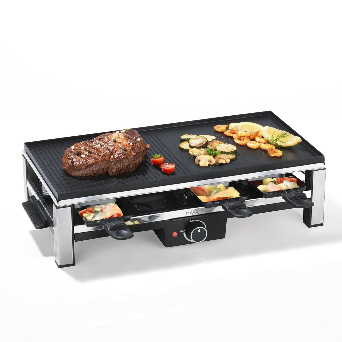 MAXXMEE Raclette Antihaft Grillplatte spülmaschinengeeignet 26x56cm, Grill 8 Personen