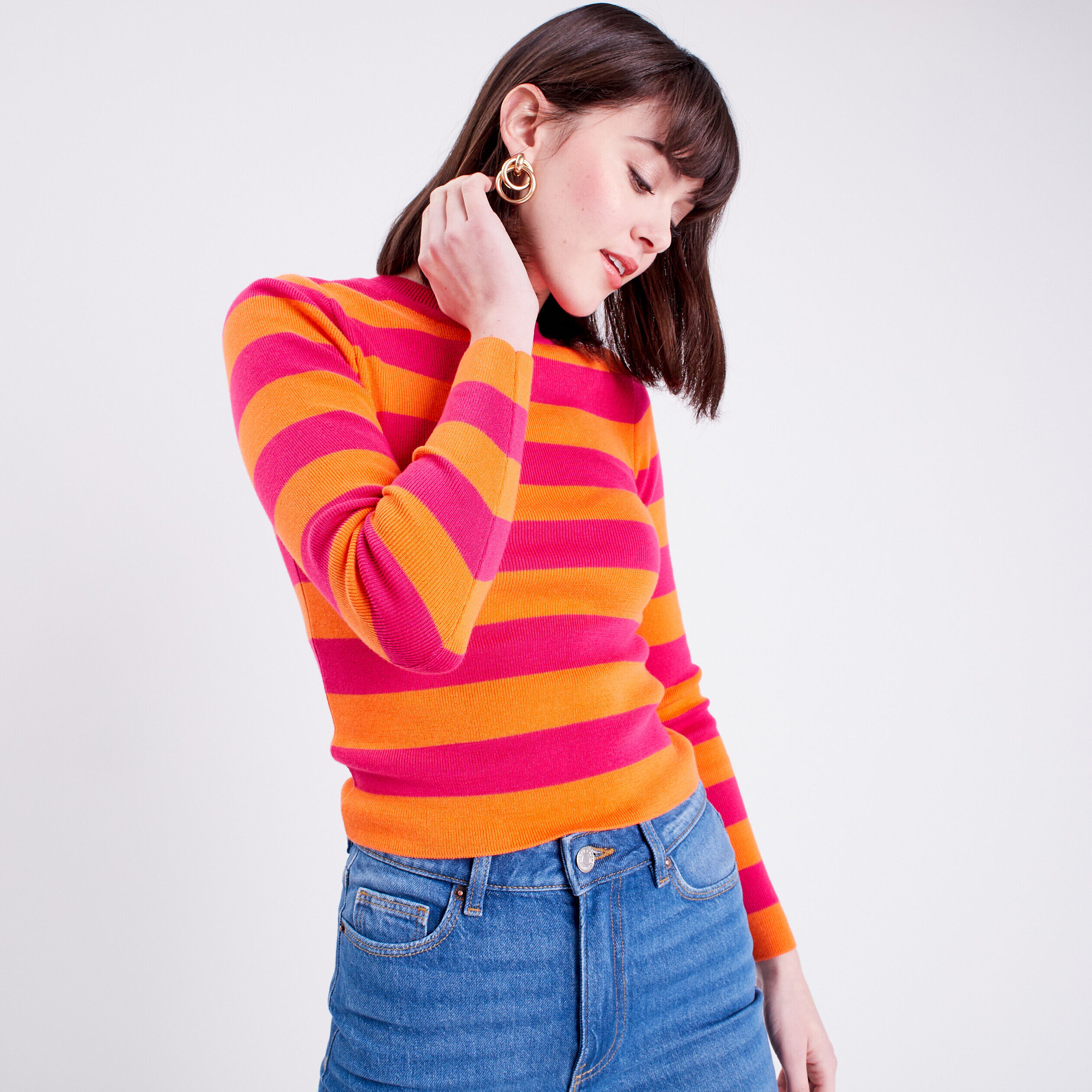 Pull avec manches longues rose vif femme | Cache Cache
