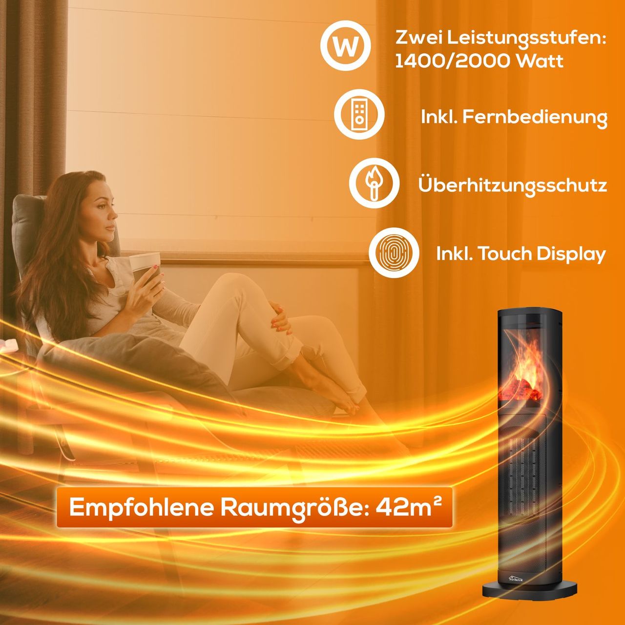 TroniTechnik Turmheizer mit Keramikelement,Heizgerät Flammeneffekt,2000 W, PTC Keramik, Schwarz