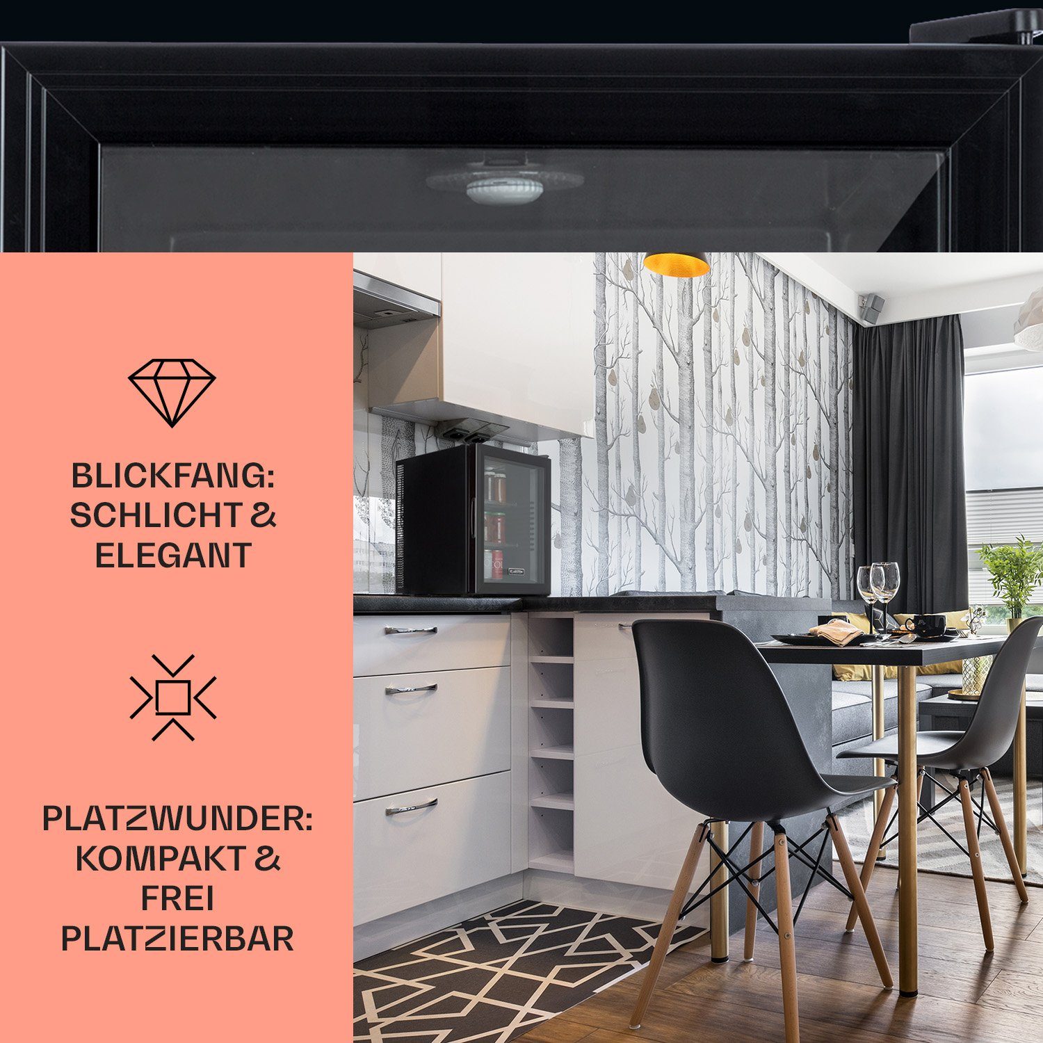 Klarstein Table Top Kühlschrank BCH-50BG Blk 10033822A, 53.5 cm hoch, 40 cm breit, Hausbar Minikühlschrank ohne Gefrierfach Glastür klein Kühlschrank