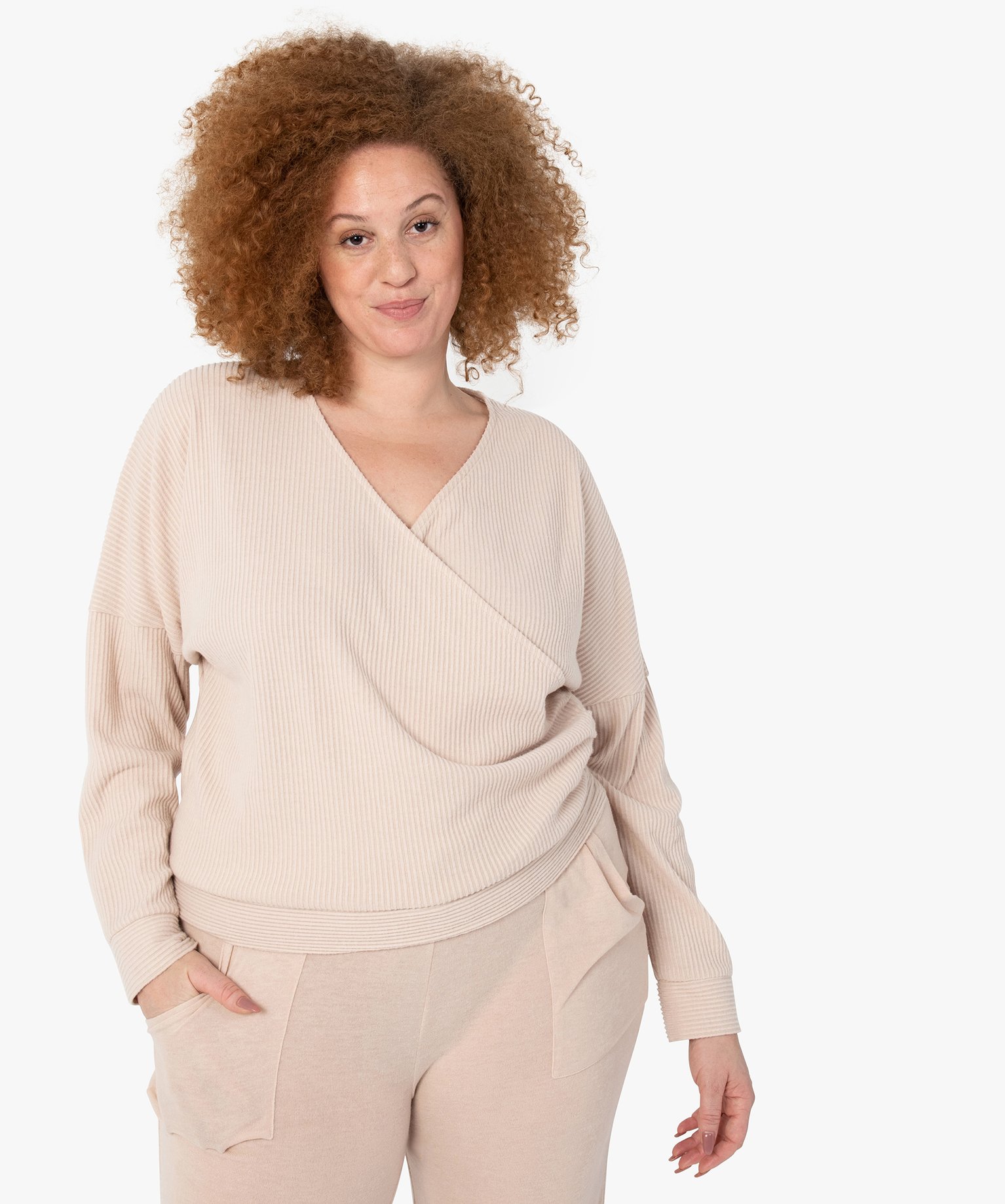 Tee-shirt femme grande taille à manches longues forme cache... beige | GEMO