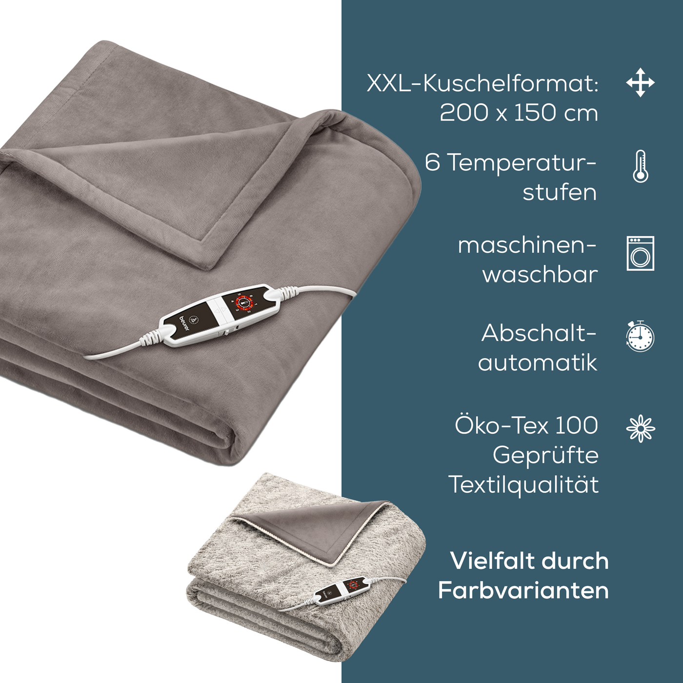 Wärmezudecke Beurer HD 150 XXL Cosy Taupe-Heizdecke mit weichem & fusselfreiem Obermaterial im XXL-Format