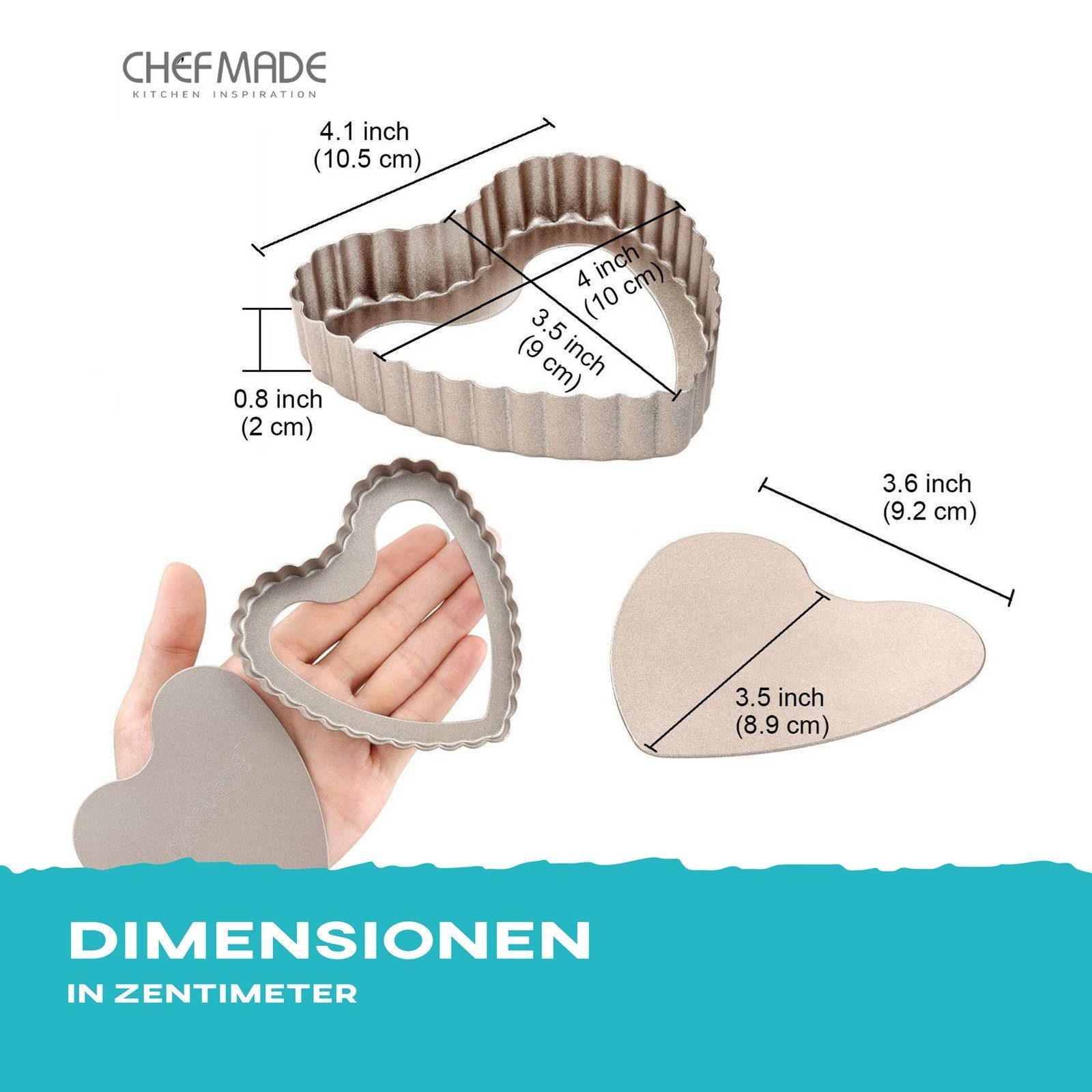 Chefmade Herzkuchenform Backform, (CHEFMADE, Mini Tarteformen Herz, 105x102x20mm, Champagnergold, antihaft- & silikonbeschichtet, Dessertförmchen, Quicheform, Minikuchenform, Liebeskuchen, Hebebodenform, Karbonstahl 1-tlg), Tarteform mit Hebeboden -