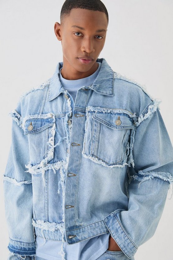 Kastige zerrissene Patchwork Jeansjacke in Hellblau