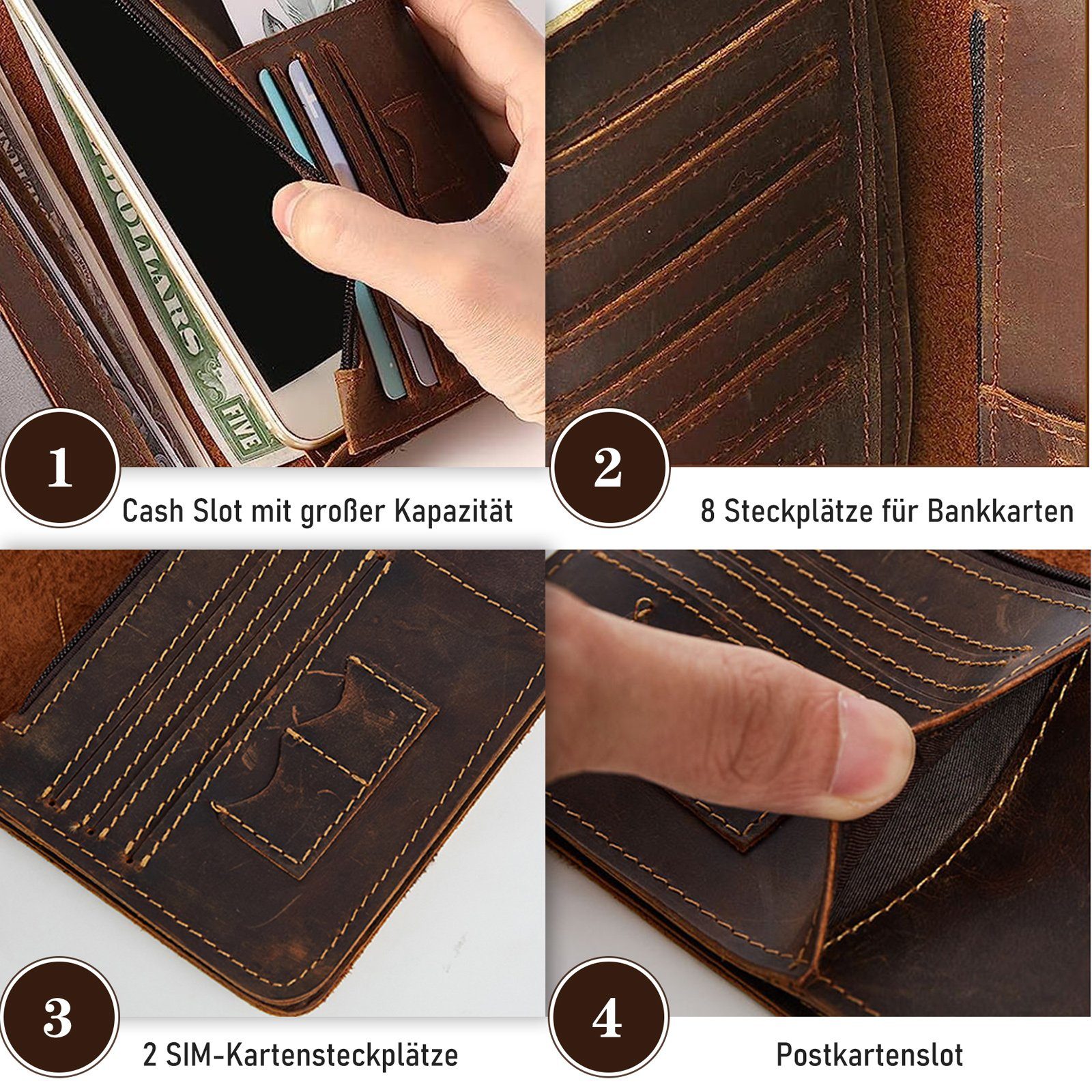 TAN.TOMI Geldbörse Echtleder Geldbörse Gross Geldbeutel Lang Portemonnaie Vintage Herren, mit RFID Schutz, Groß Reißverschlussfach und Viele Kartenfächer