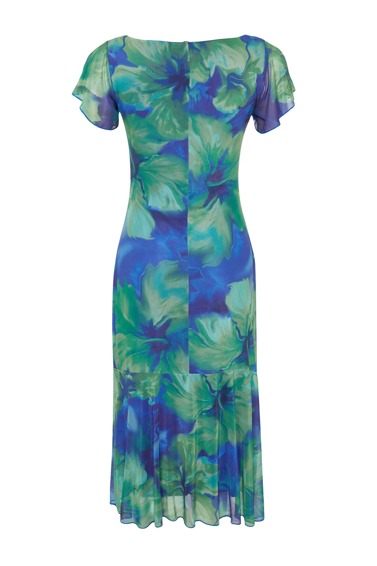 Trendyol Collection  Blaues florales Midi-Strickkleid mit quadratischem Kragen in A-Linie/Glockenform TWOSS24EL00876