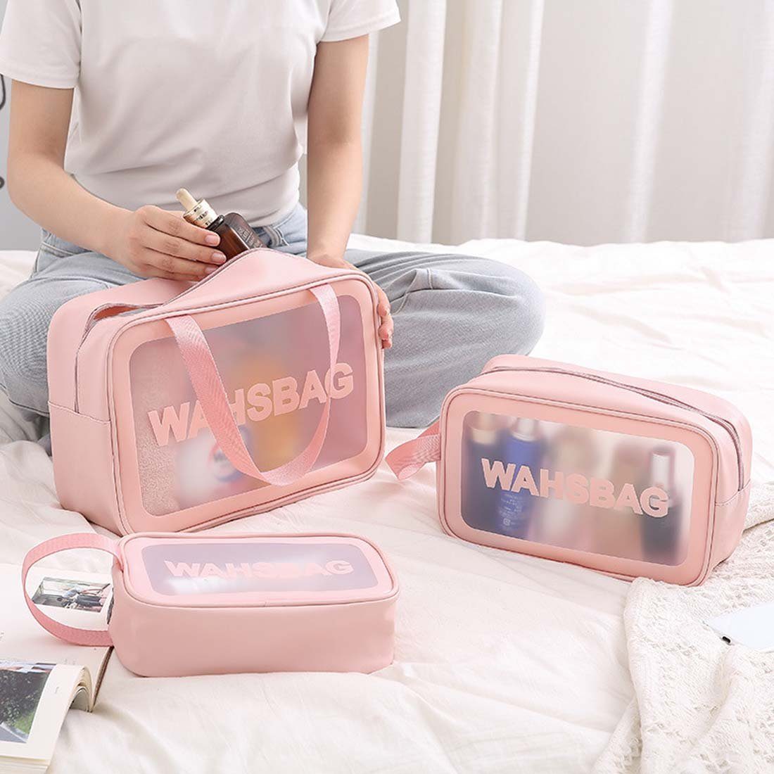FIDDY Aufbewahrungstasche Transparente dreiteilige Kosmetik-Kulturtasche (Badetasche mit großem Fassungsvermögen, durchscheinende, gefrostete tragbare Aufbewahrungstasche für Damen, 3-tlg)
