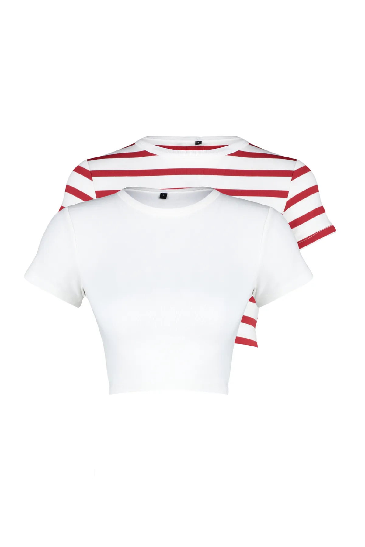 Trendyol Collection  Hochwertige Ecru-Rot Ecru gestreifte 2er-Pack Viskose Crop Stretchy Strickbluse TWOSS23BZ00194