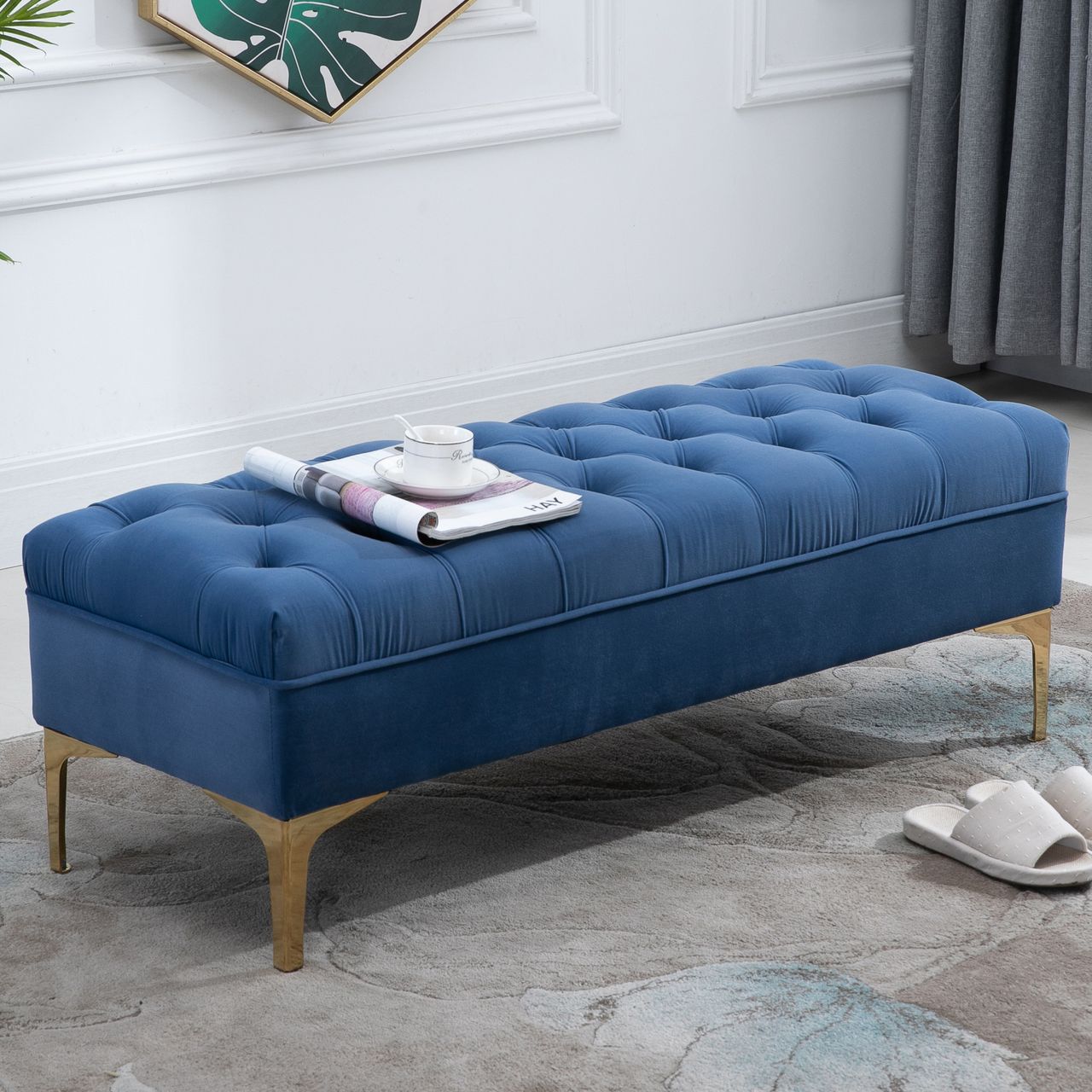 HOMCOM Sitzbank Bettbank Schuhbank mit erhöhten Beine Schlafzimmer Samt Blau