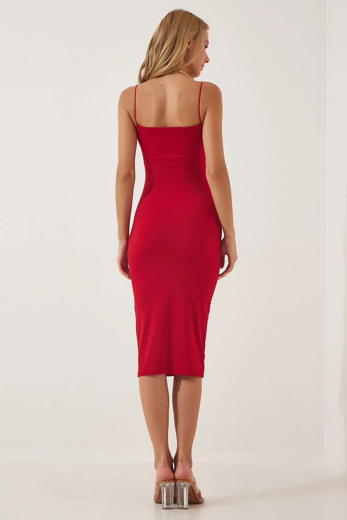 Happiness İstanbul  Rotes Jersey-Strickkleid mit Trägern für Damen YK00042