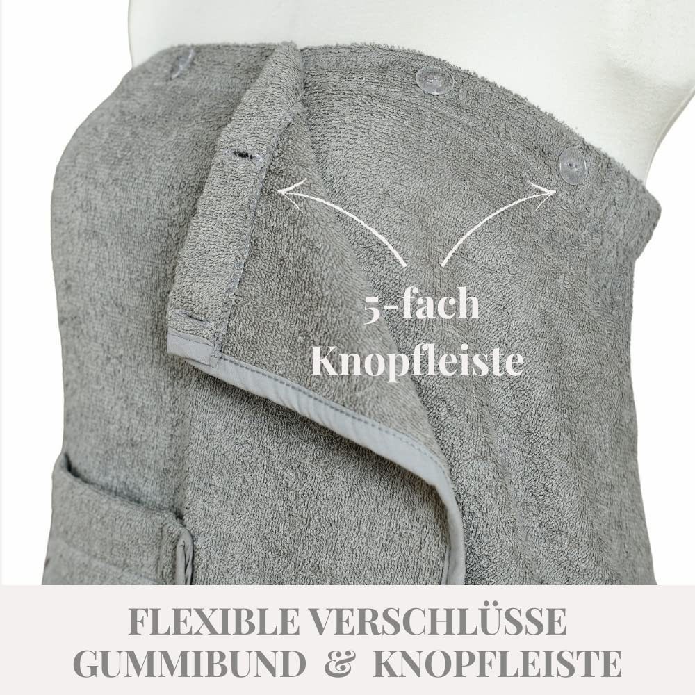 Carenesse Saunatuch Sauna Kilt Set Damen & Herren grau Weiches OneSize Sauna-Kleid Sarong, Baumwolle, Frottee Saunatuch, flexibler Gummibund & 5-fach Knopfleiste Saunakilt