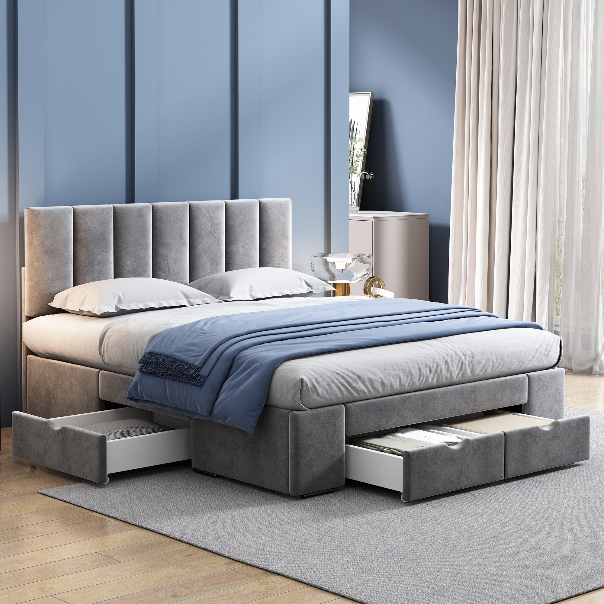 OKWISH Polsterbett Doppelbett Stauraumbett Bett mit Lattenrost (Mit 4 Schubladen (140x200 cm)