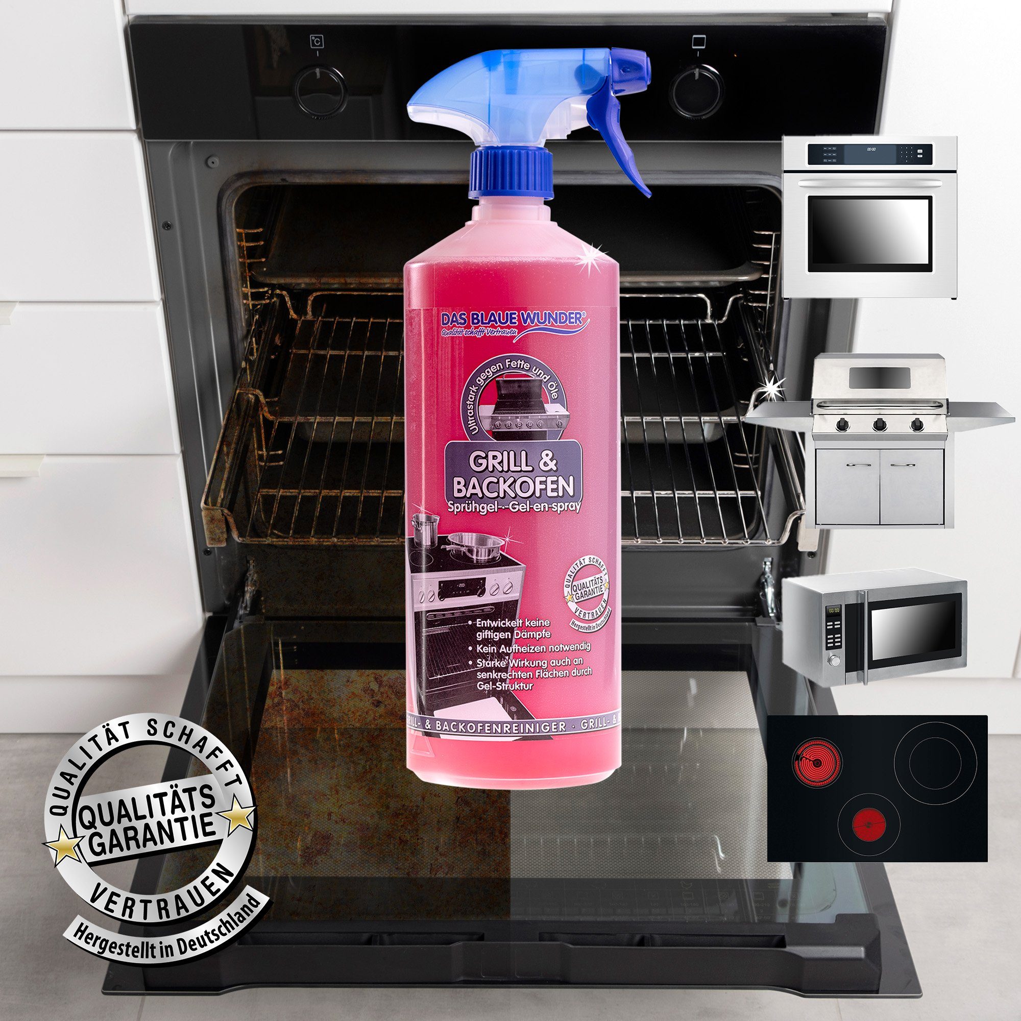 Das Blaue Wunder® Grill- und Backofen Sprühgel Backofenreiniger (inkl. Sprühkopf selbstarbeitender Fettlöser für Herd, Backofen, Grill)