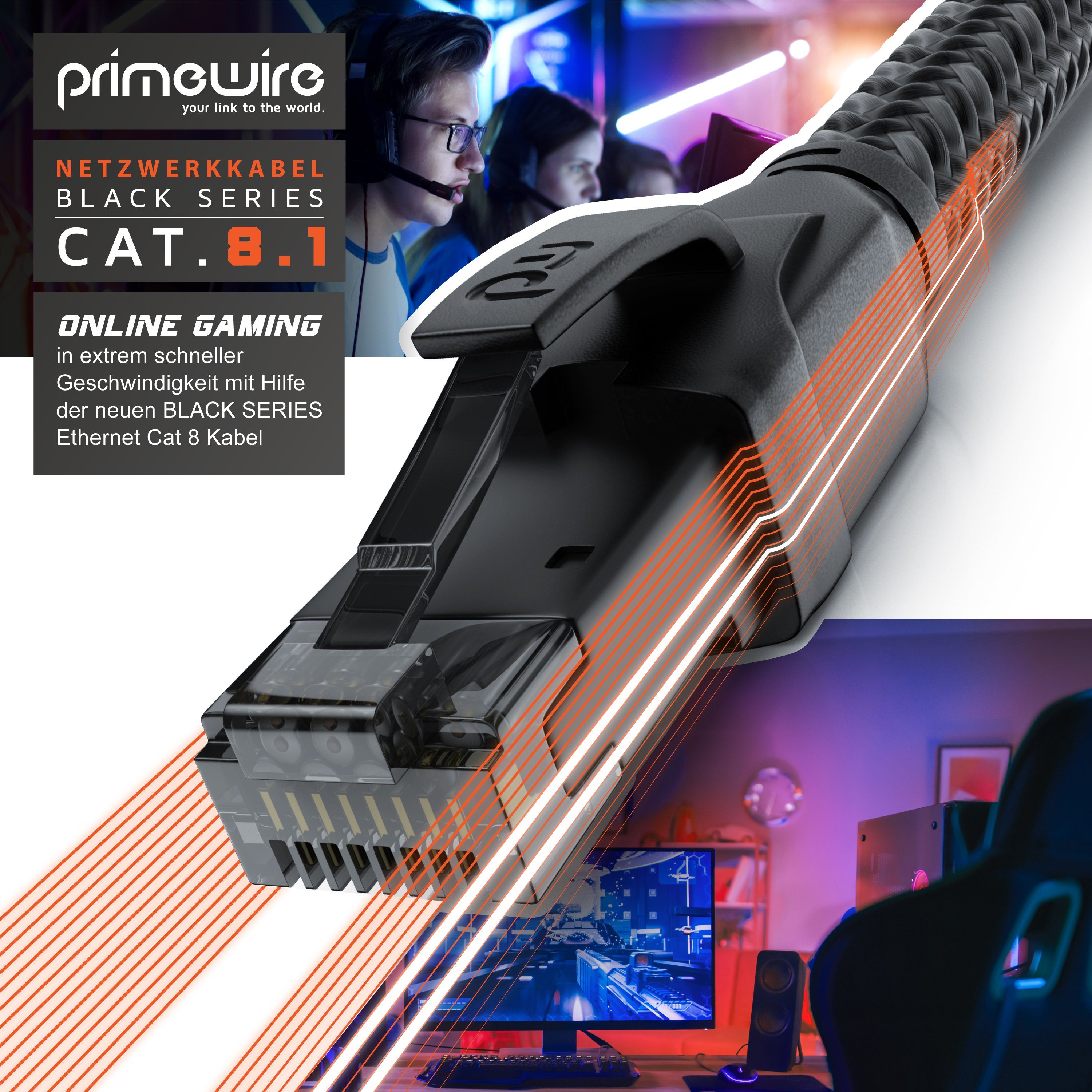 Primewire LAN-Kabel, CAT.8, RJ-45 (Ethernet) (100 cm), Patchkabel CAT 8, Netzwerkkabel Gigabit Ethernet 40 Gbit/s S/FTP, 1m