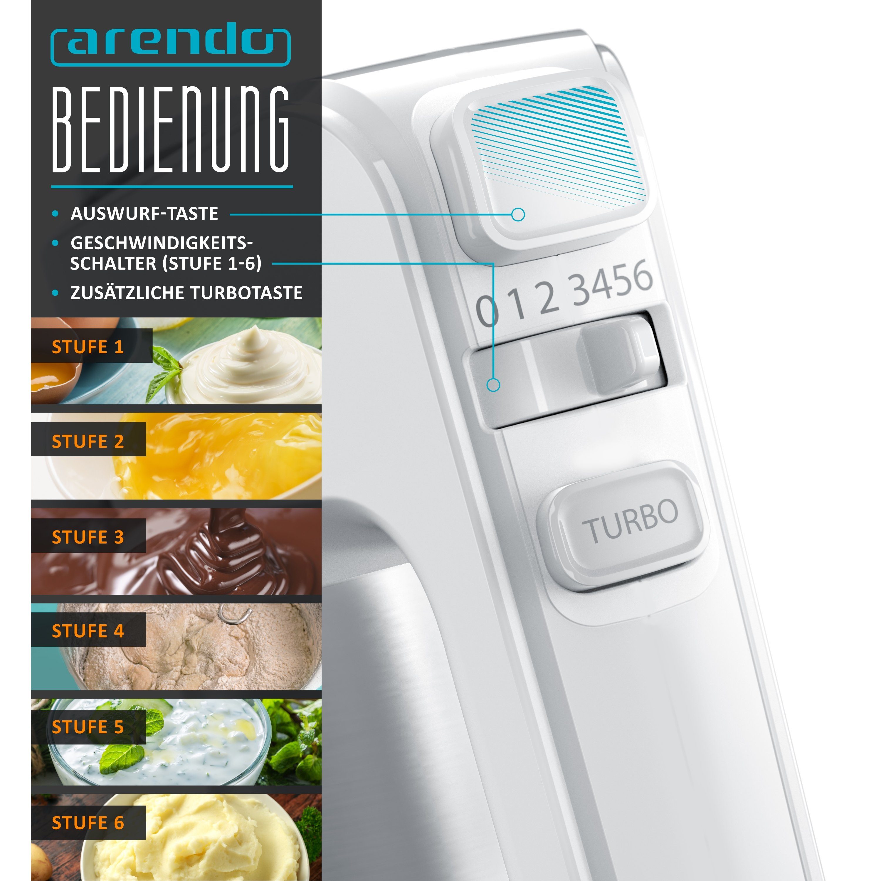 Arendo Handmixer, 400 W, inkl. 2 x Quirle und 2 x Knethaken aus Edelstahl