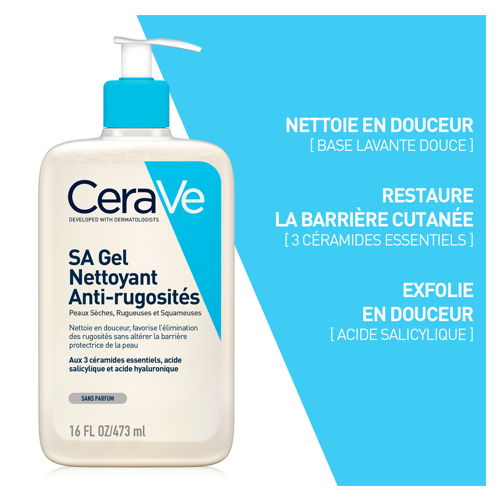 CeraVe SA Anti-rugosités Gel Nettoyant Exfoliant Doux pour PeauxTrès Sèches, Rugueuses, Kératose Pilaire