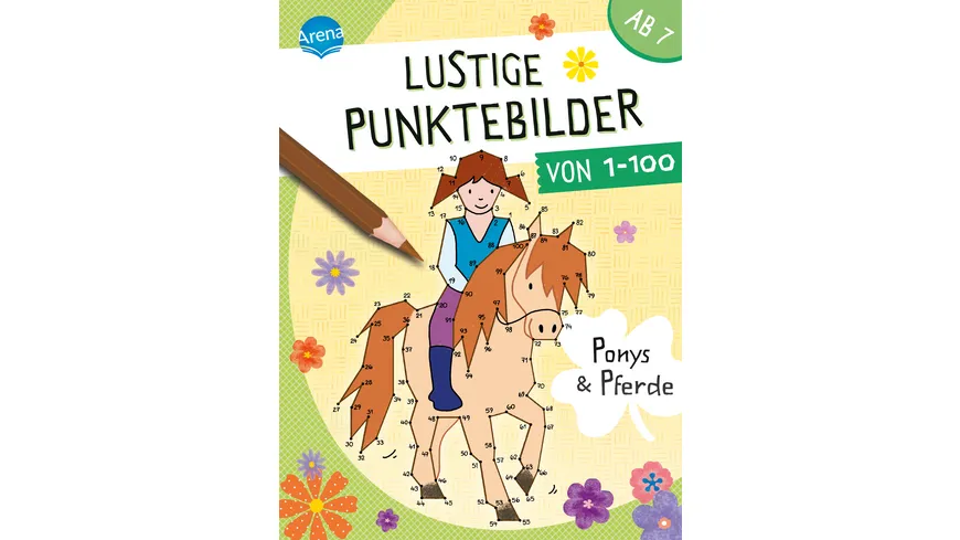 Lustige Punktebilder von 1 bis 100. Ponys und Pferde Von-Punkt-zu-Punkt-Rätselblock für Kinder ab 7 Jahren
