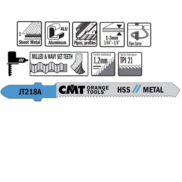 Lame de ferăstrău CMT JT218A-5 HSS cu tijă în T pentru metal, 5 bucăți