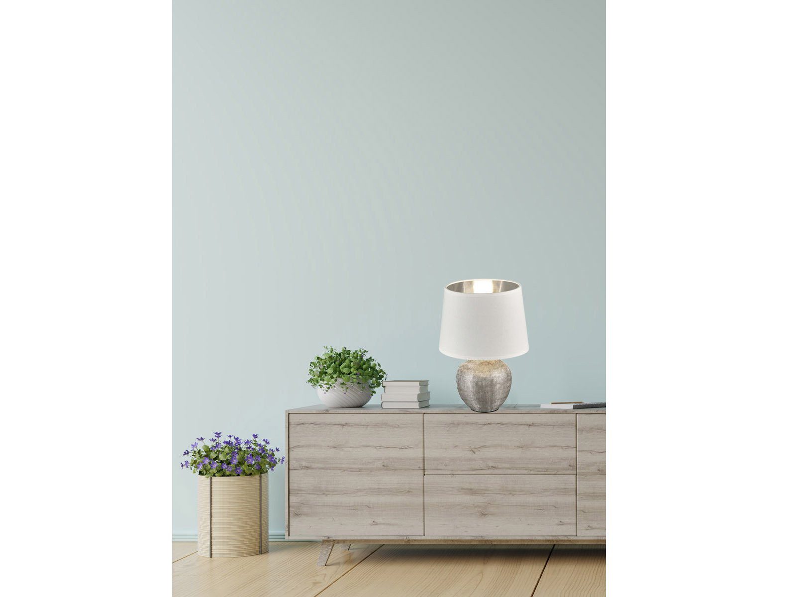 meineWunschleuchte LED Nachttischlampe, Dimmfunktion, LED wechselbar, Warmweiß, kleine Designer Fensterlampe für Fensterbank Lampenschirm Stoff H 26cm