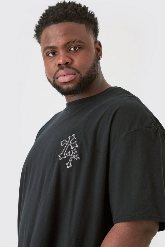 Plus schwarzes Oversize T-Shirt mit Kreuz-Stickerei
