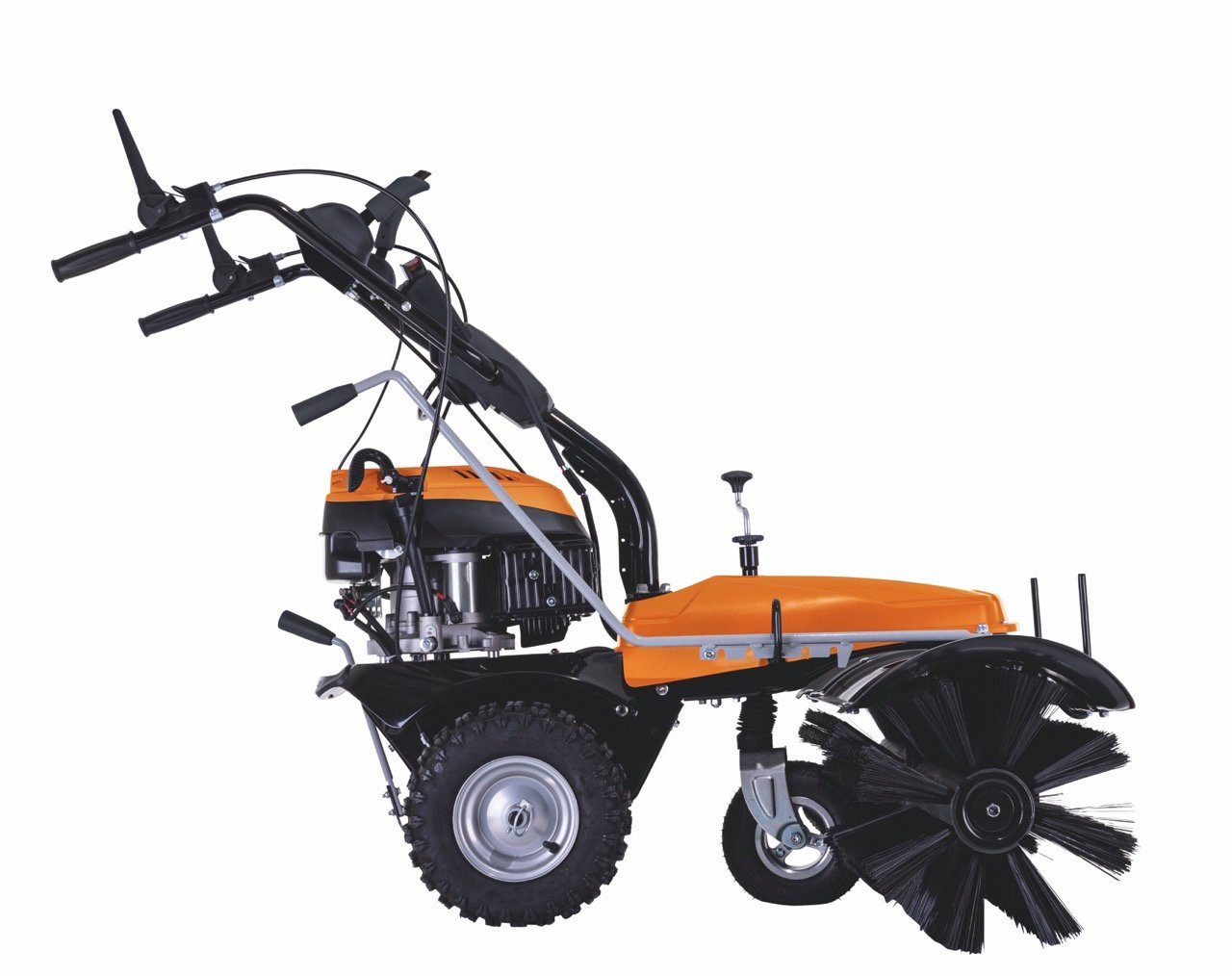 Scheppach Handkehrmaschine Benzin Kehrmaschine Kehrbreite 100cm +Sammelbehälter & Schneeschild, 100 cm Arbeitsbreite