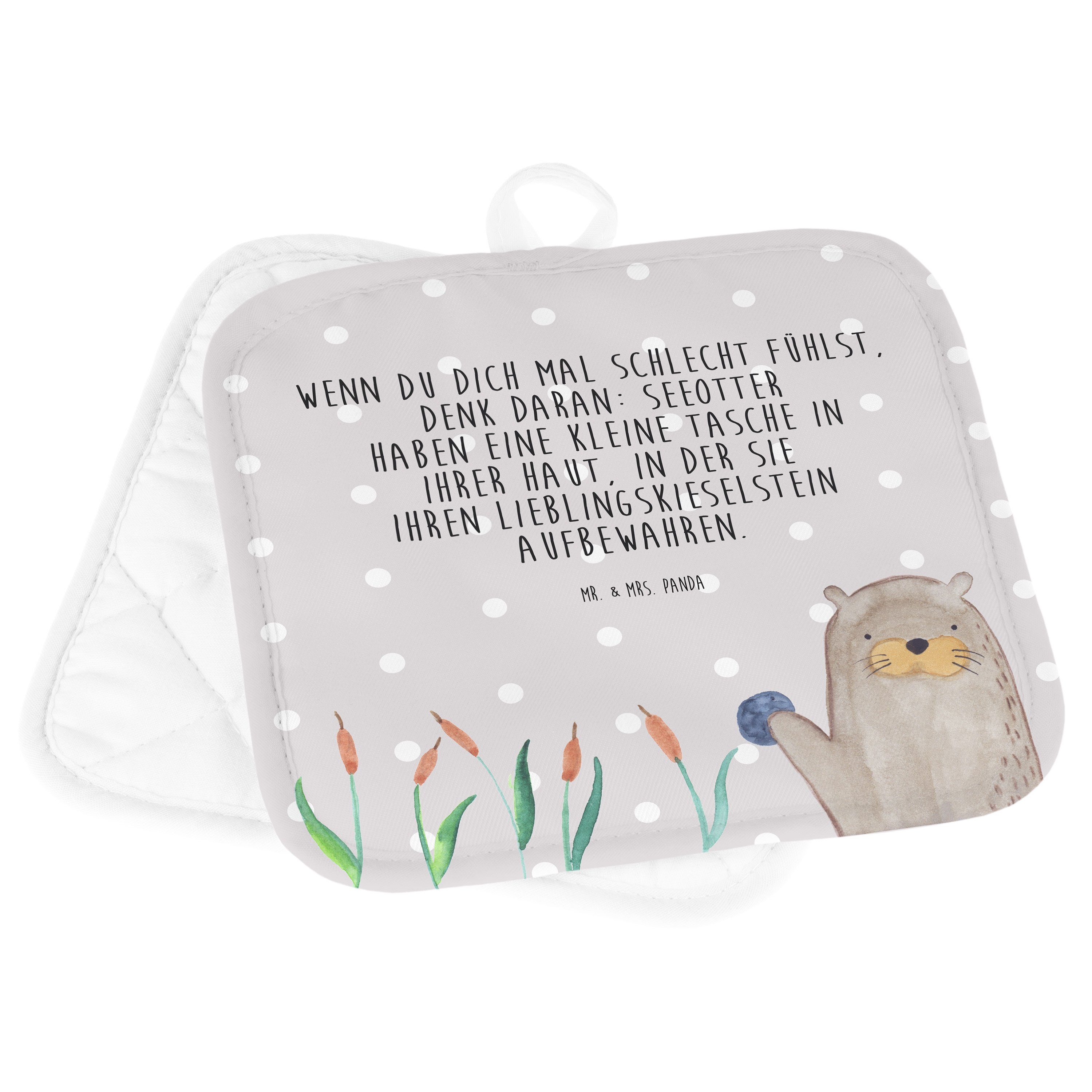 Mr. & Mrs. Panda Topflappen Otter mit Stein - Grau Pastell - Geschenk, Topflappen mit Spruch, Top, (1-tlg)