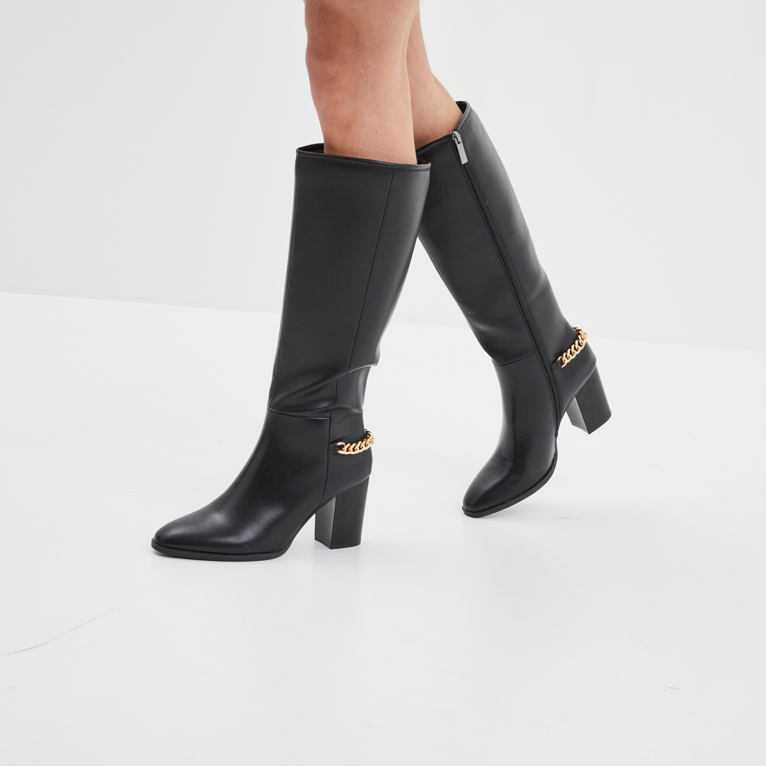 Bottes hautes avec chaînes à talons noir femme | La Halle