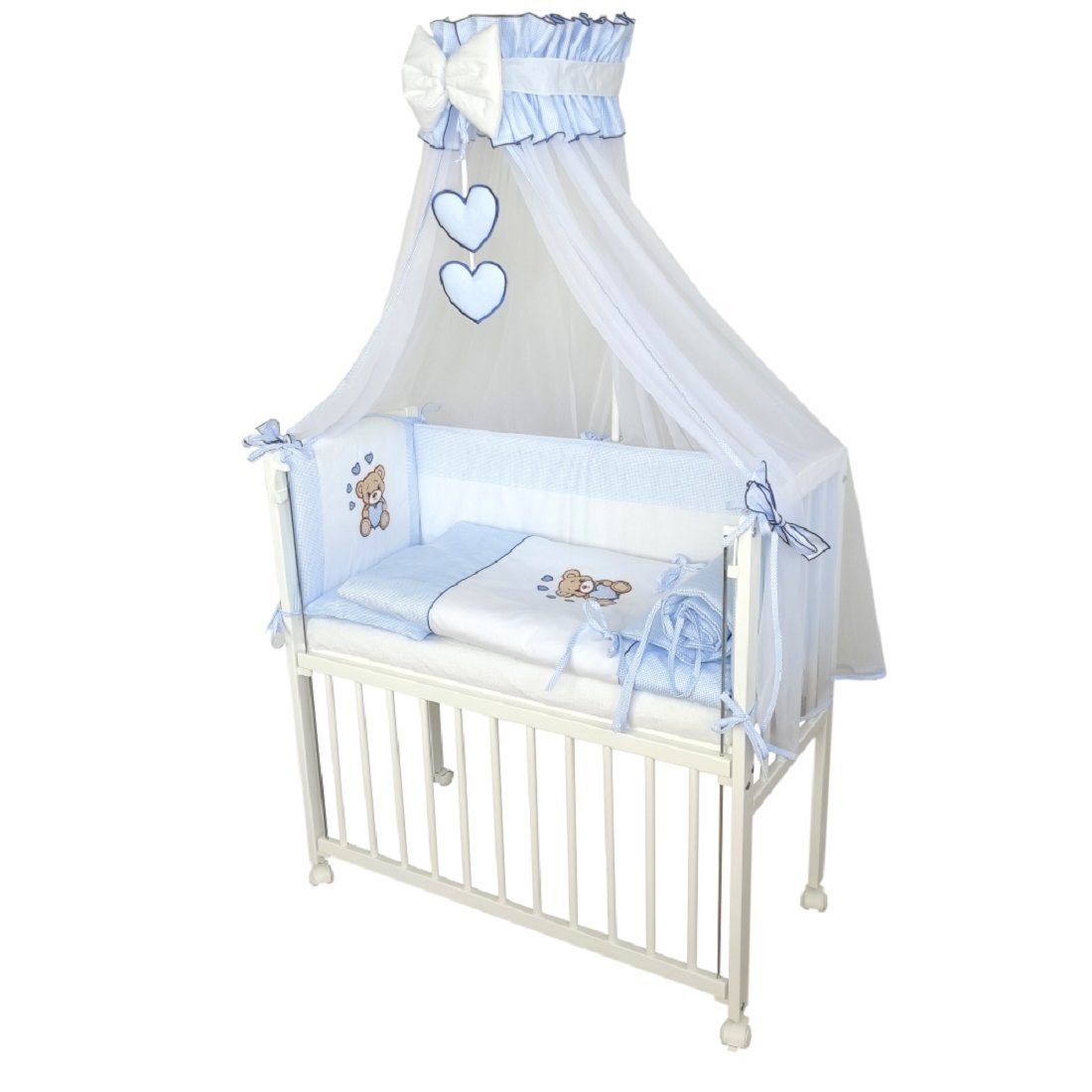 Babyhafen Beistellbett 3in1 Stubenbett, Babybettchen– Teddybär & Herzen Grau Blau Rosa, Komplettbett