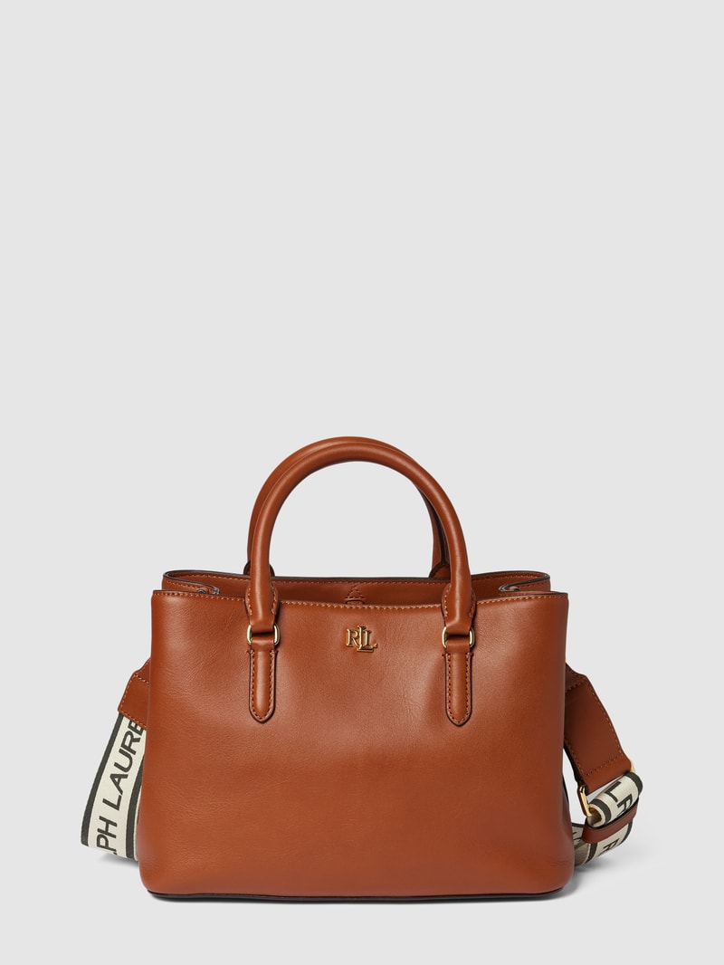 Satchel aus Leder mit Label-Applikation Modell 'MARCY' in cognac
