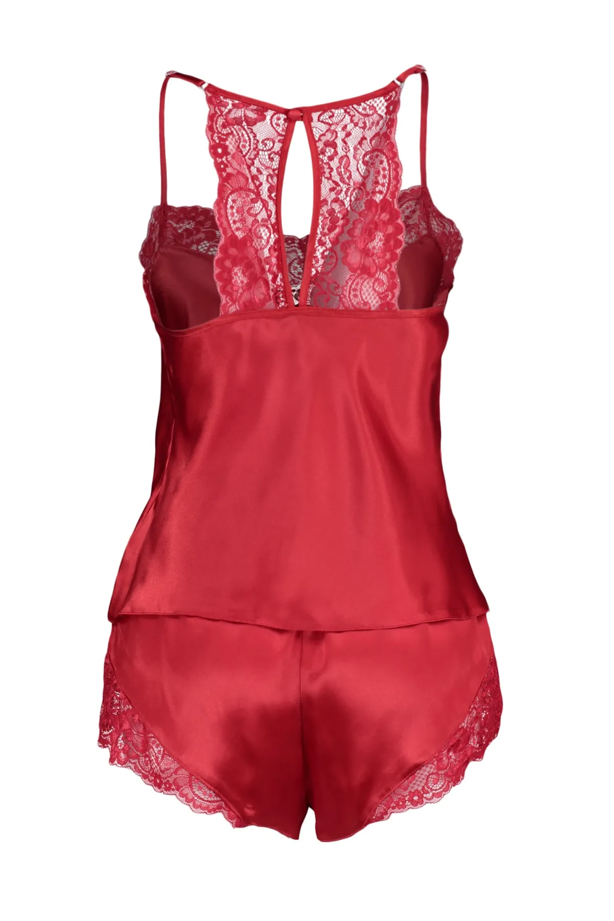 Trendyol Collection  Rotes Pyjama-Set aus gewebtem Satin mit Spitzendetails und Seilträgern THMSS22PT0269