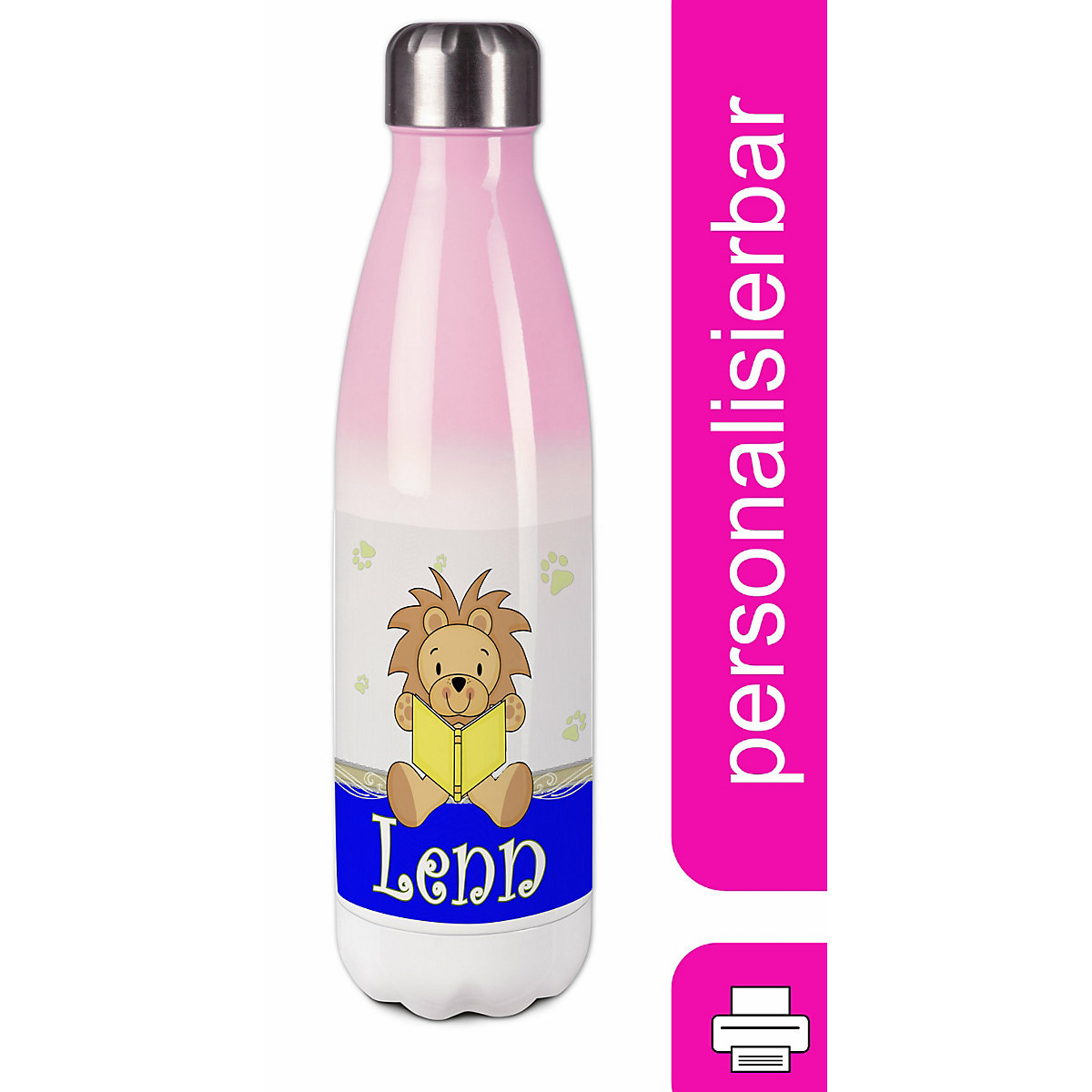 Edelstahl Kinder Thermoflasche / Trinkflasche bunt Leselöwe Farbe blau Spülmaschinenfest, Auslaufsicher, Bruchfest, Doppelwandig, Für Heißgetränke geeignet, Mit Deckel, Isoliert