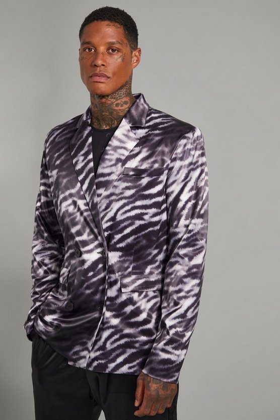 Zweireihige Zebraprint Satin-Blazer