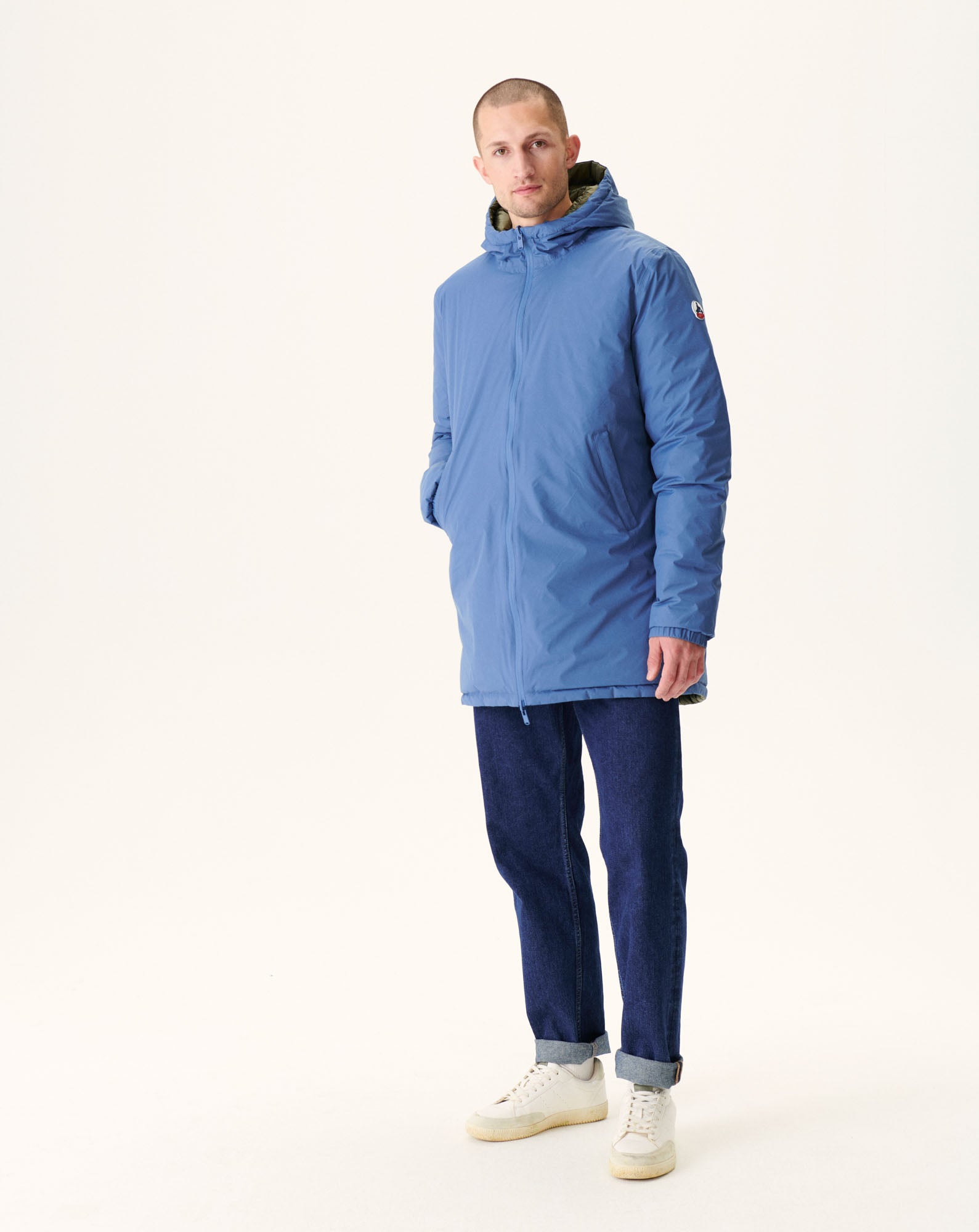 Doudoune longue réversible à capuche Bleu jeans/Army Amsterdam
