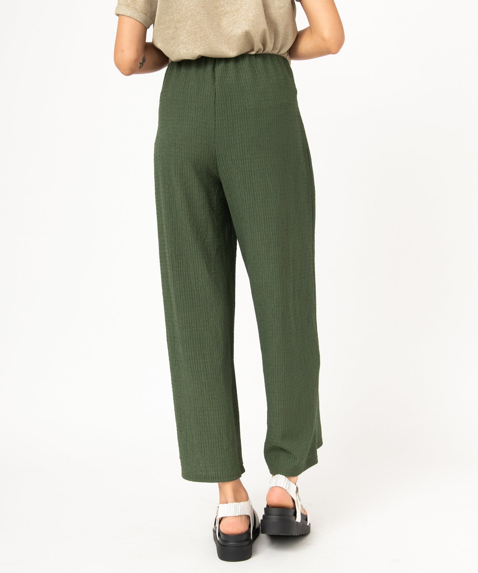 Pantacourt large en maille avec ceinture à nouer femme kaki | GEMO