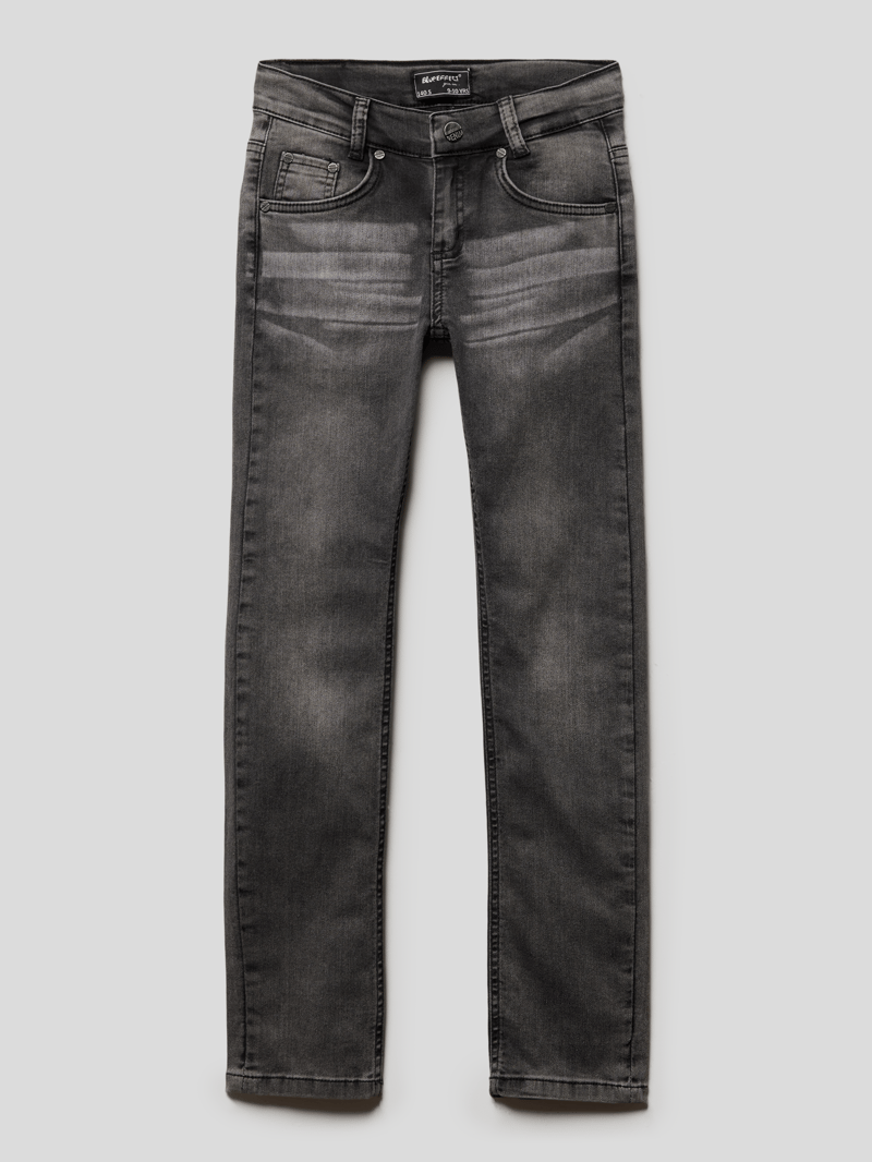 Jeans mit Label-Patch Modell 'Nos' in mittelgrau meliert