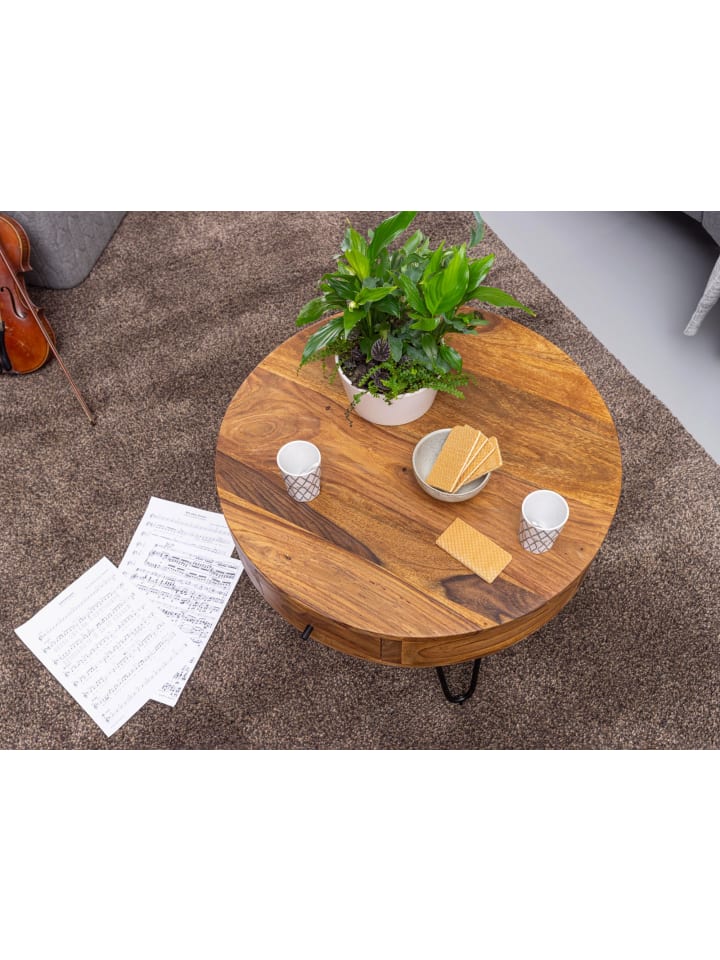 KADIMA DESIGN Couchtisch | Sheesham Massiv, Schubladen, Vintage, Rund günstig kaufen onesize