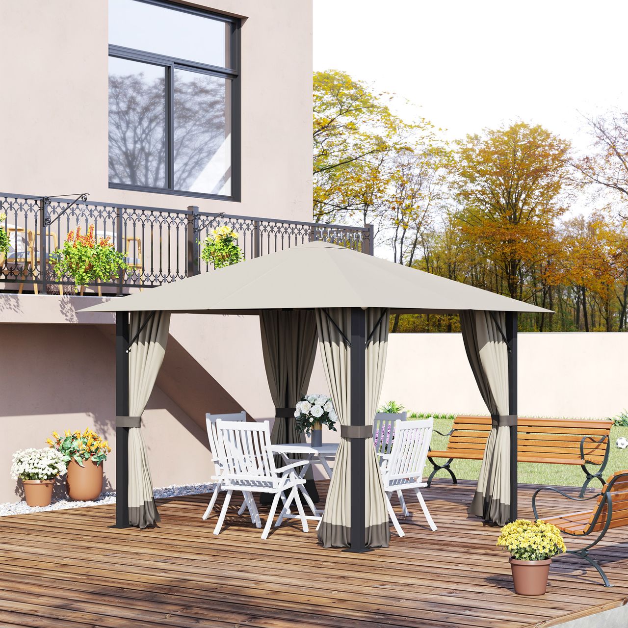 Outsunny Gartenpavillon Pavillon 3 x 3 m Gartenzelt Dach mit Belüftungslöcher Festzelt Partyzelt mit 4 x Seitenteile Moskitonetz wetterfest Aluminium Polyester khaki