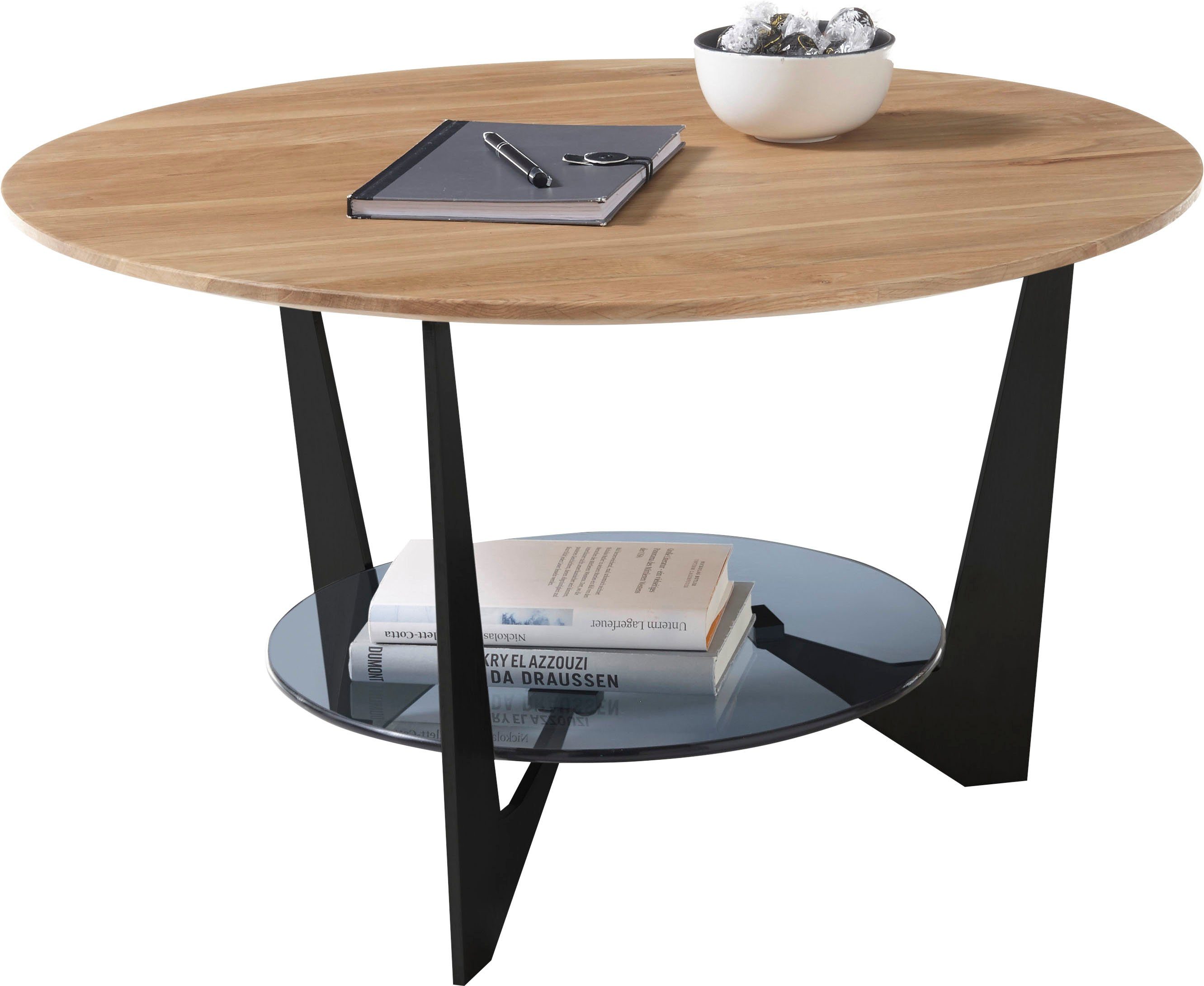 MCA furniture Couchtisch Cadiz, Rund Eiche Natur geölt, Ablageboden Glas Grau
