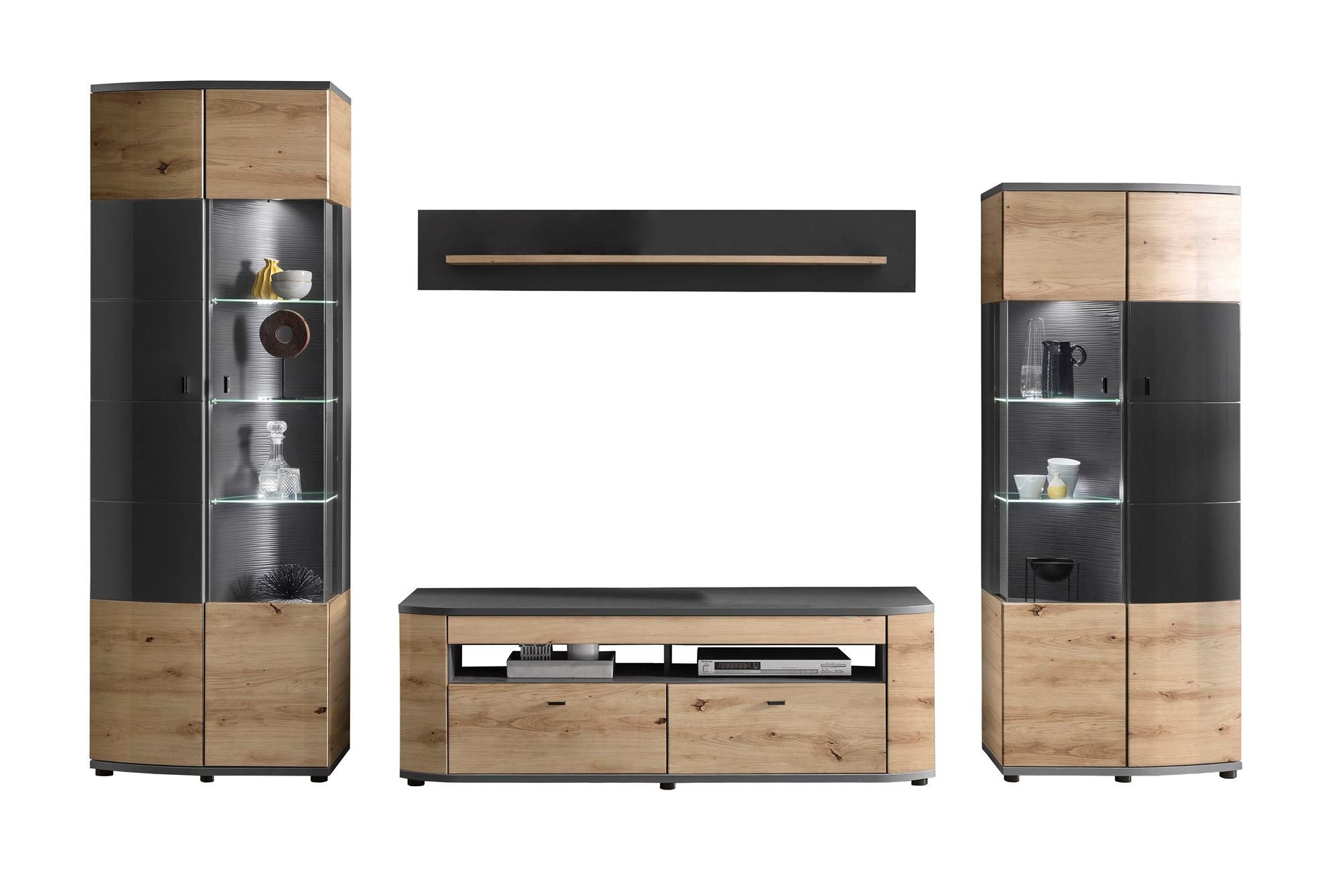 58 aufm Kessel Wohnwand Wohnzimmerschrank Jacinthe 320x200x46 Eiche/Anthrazit/Grau HG 10178, (Komplettset, 4-St), Türen mit Selbsteinzug und Dämpfung