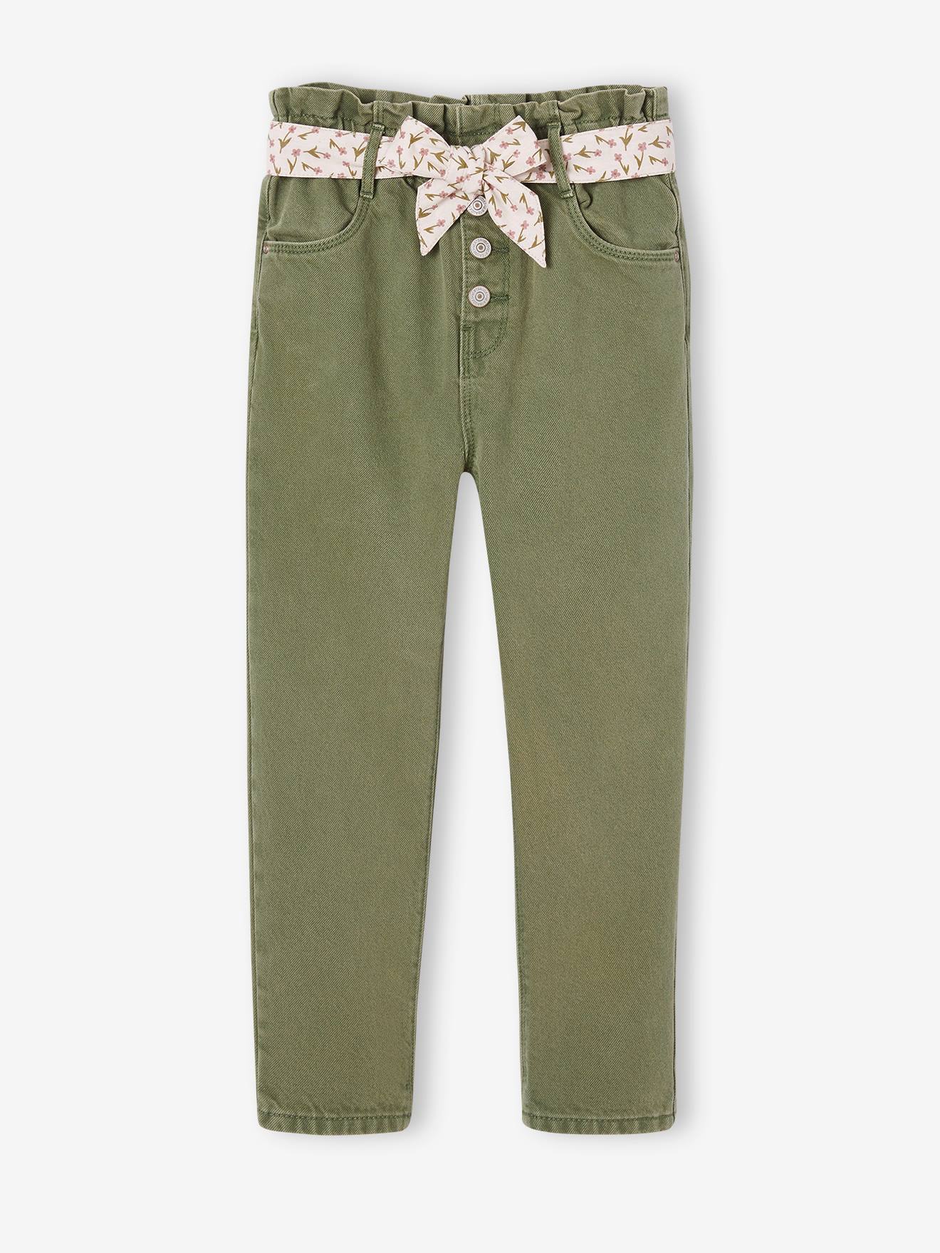 Pantalon paperbag fille et sa ceinture foulard à fleurs vert
