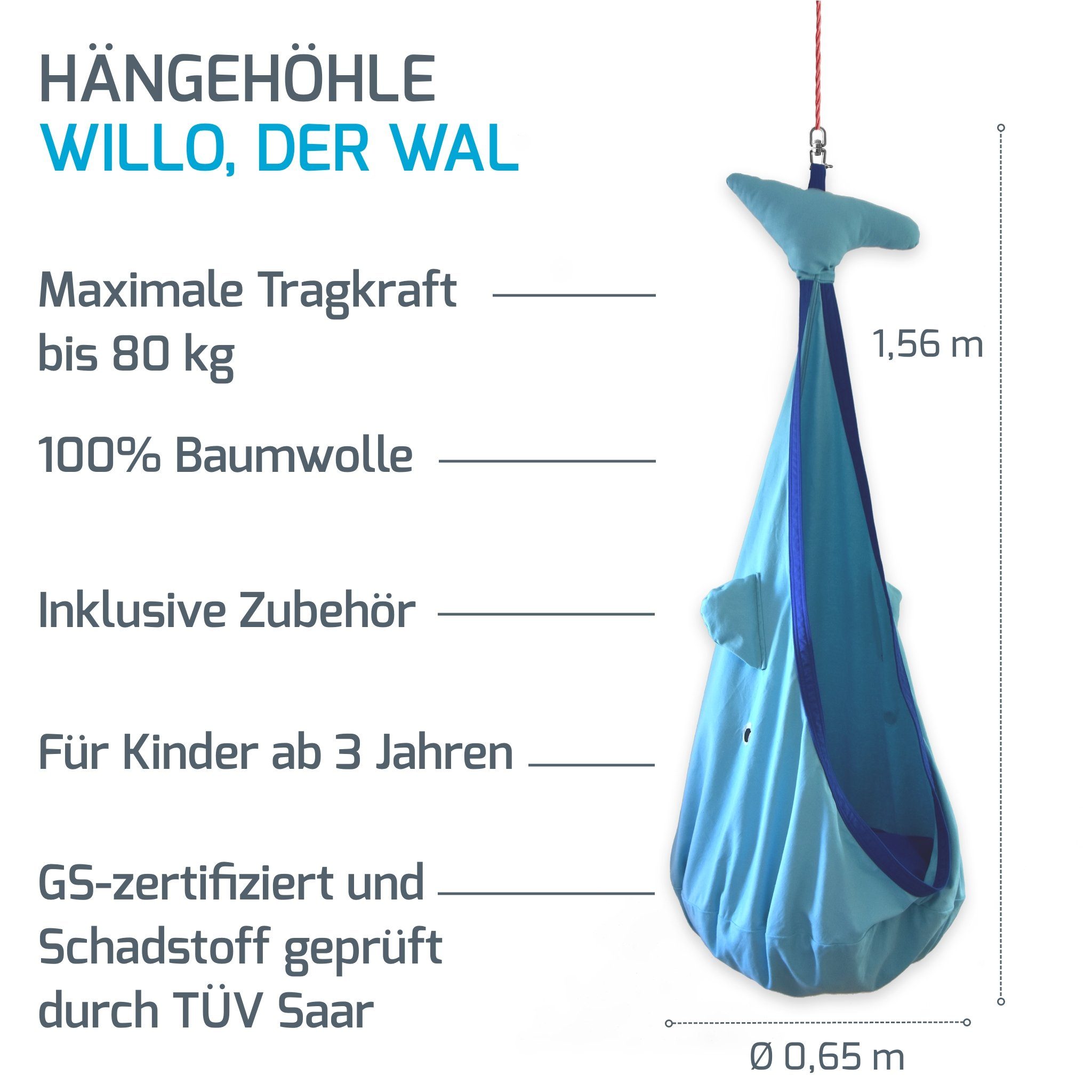 snuutje Familiensachen Hängehöhle Hängesessel für Kinderzimmer indoor (2 Sitzkissen), Hängehöhle ab 3 Jahre, Wal, Pinguin, Einhorn, 100% Baumwolle, bis 80kg