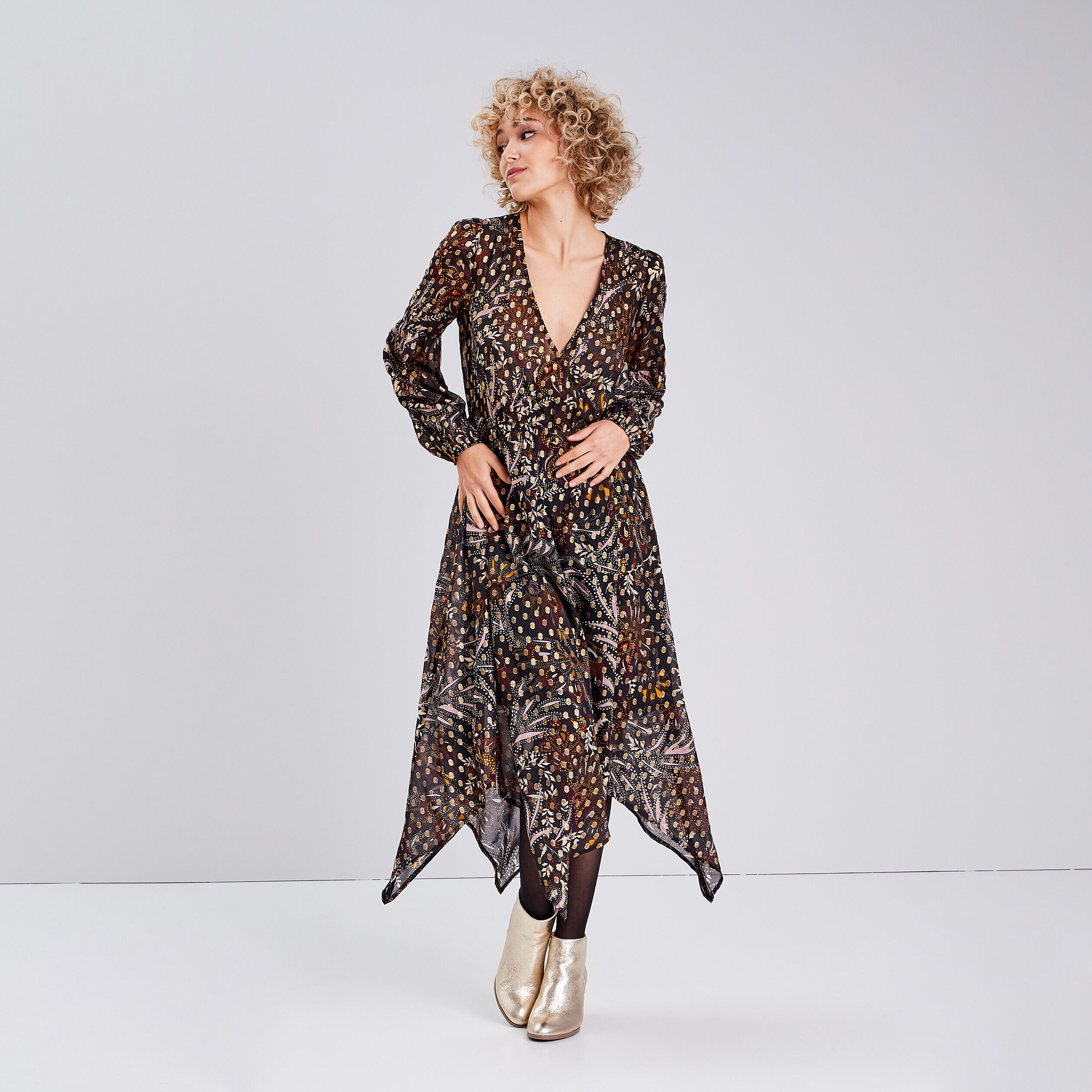 Robe longue évasée asymétrique noir femme | Cache Cache